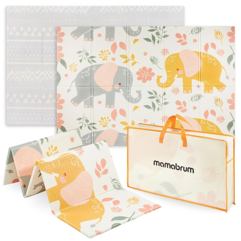 Tapete de espuma dobrável de dupla face 180 x 120 x 1cm - Exotic Elephants/Delicate Grey