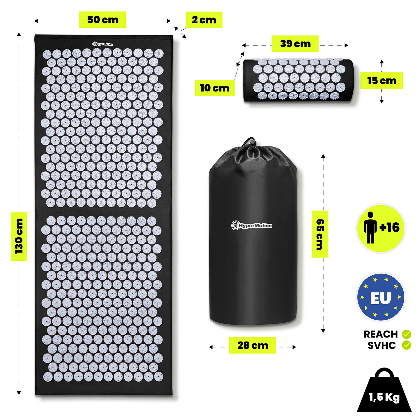 Tapete de acupressão grande com almofada e capa - 130 cm HyperMotion preto e branco