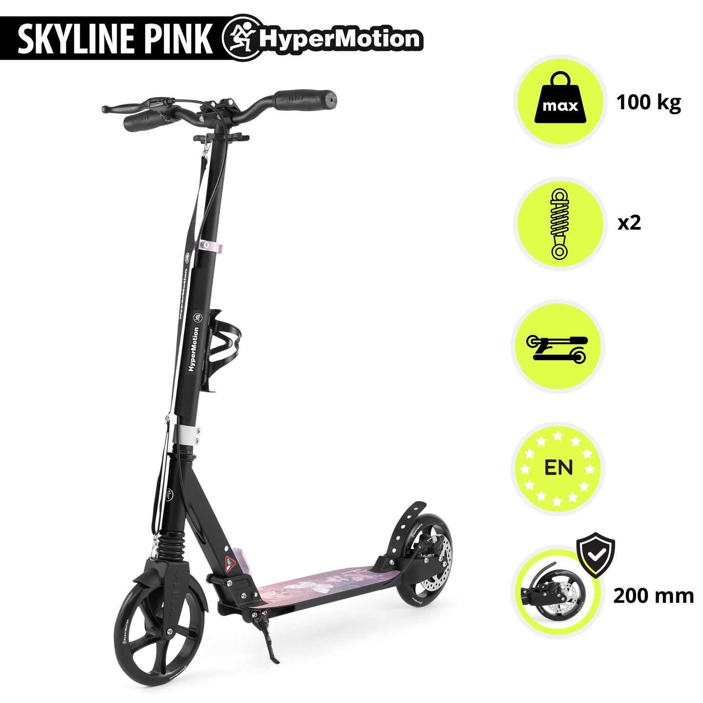 Trotinete de duas rodas para jovens adultos - com amortecedor - HyperMotion Skyline - cor-de-rosa, alumínio - 100kg