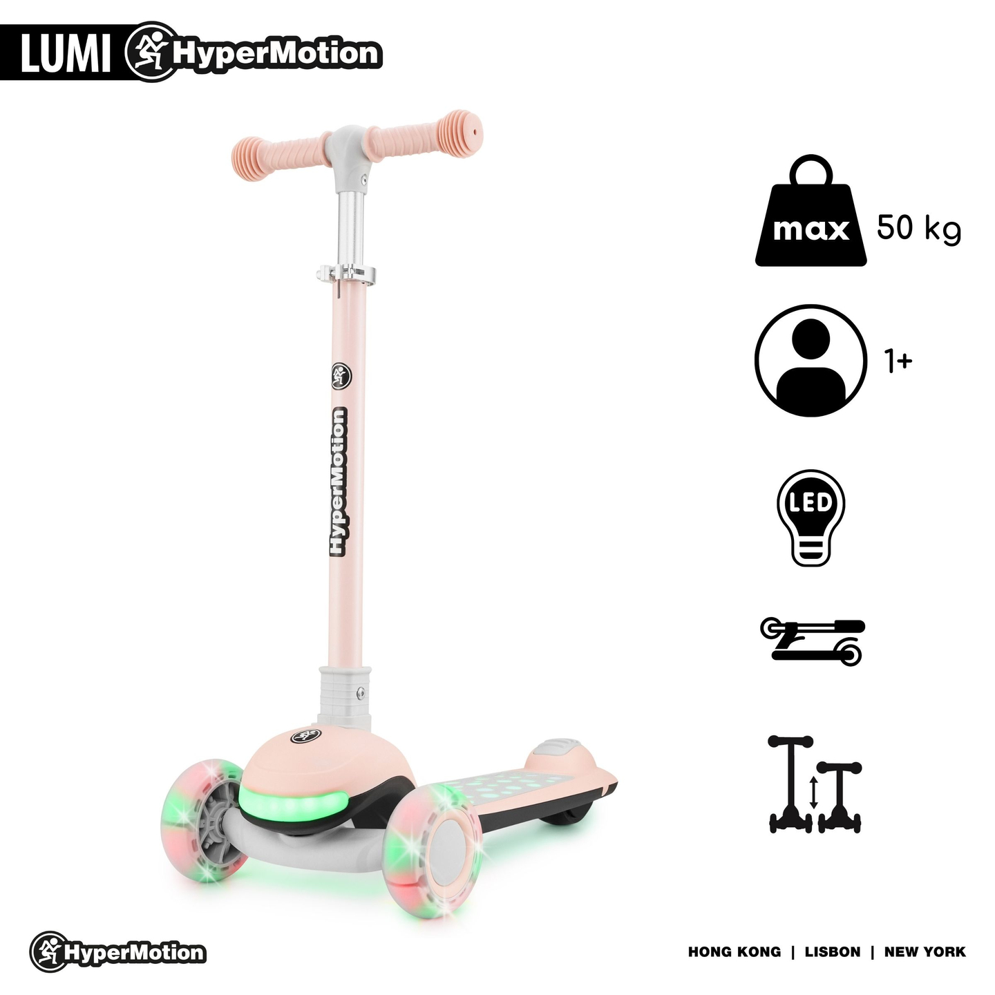 Trotinete de equilíbrio 3 em 1 HyperMotion LUMI - plataforma iluminada e rodas LED, cor-de-rosa