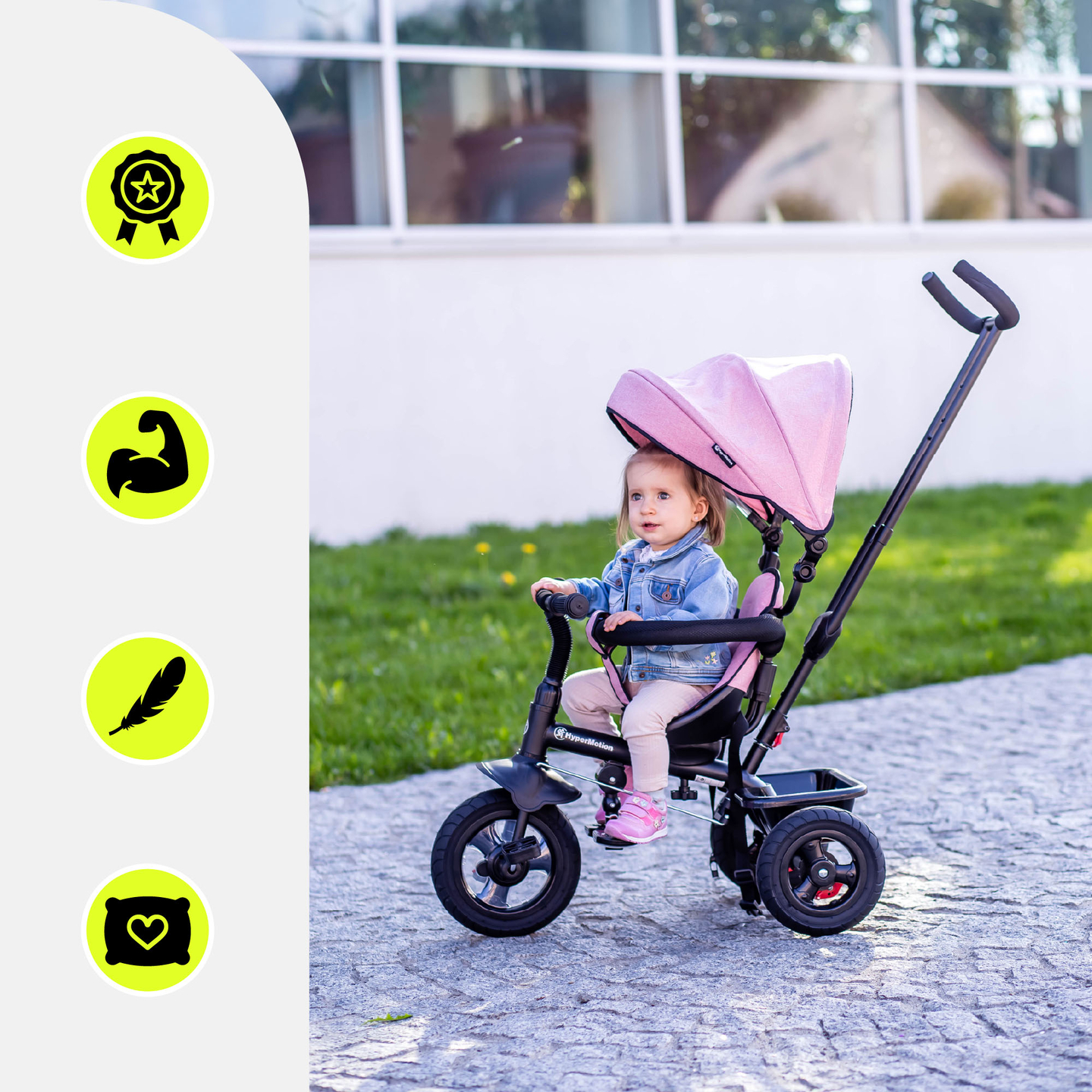 Triciclo para crianças de 1 a 4 anos - TOBI FREY - rosa - giratório - rodas infláveis + empurrador