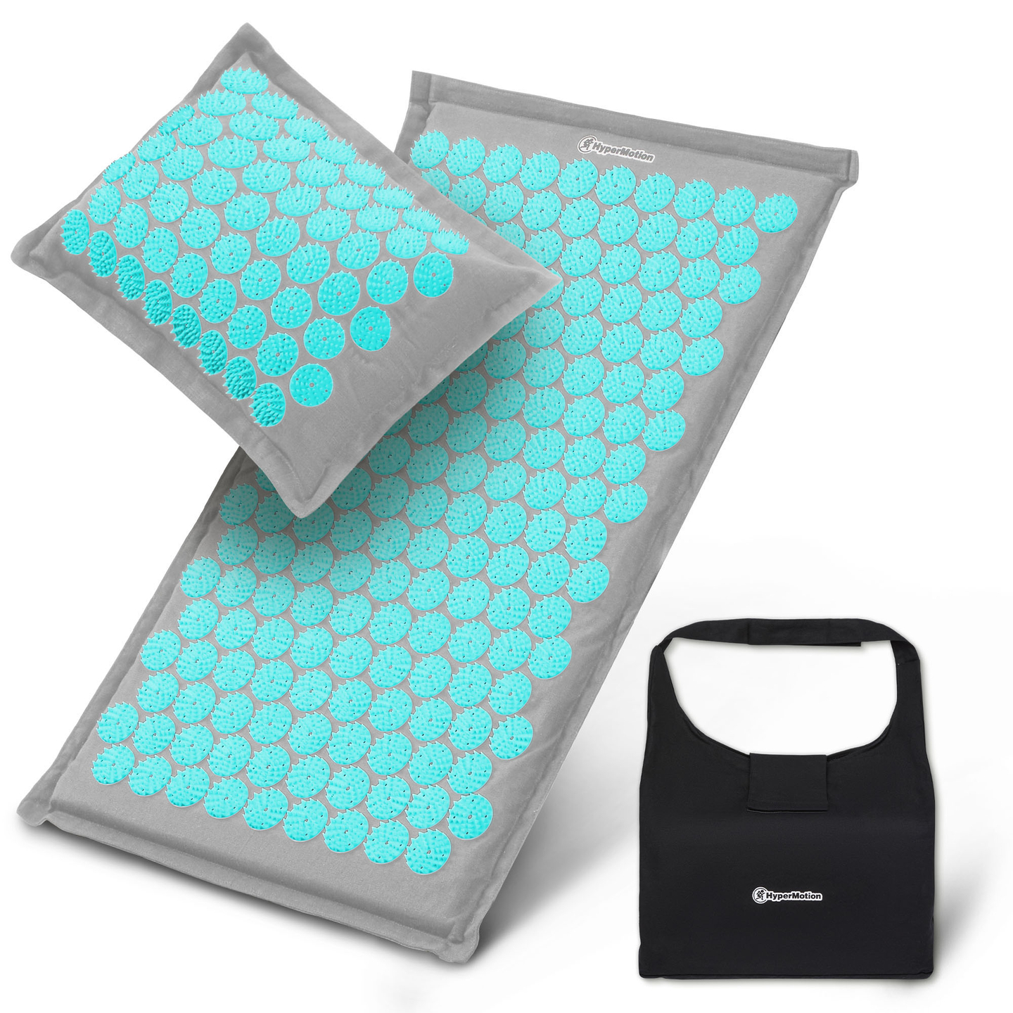 Tapete de acupressão em linho ecológico com fibra de coco e almofada de trigo sarraceno – 68 cm HyperMotion Cinza-Menta