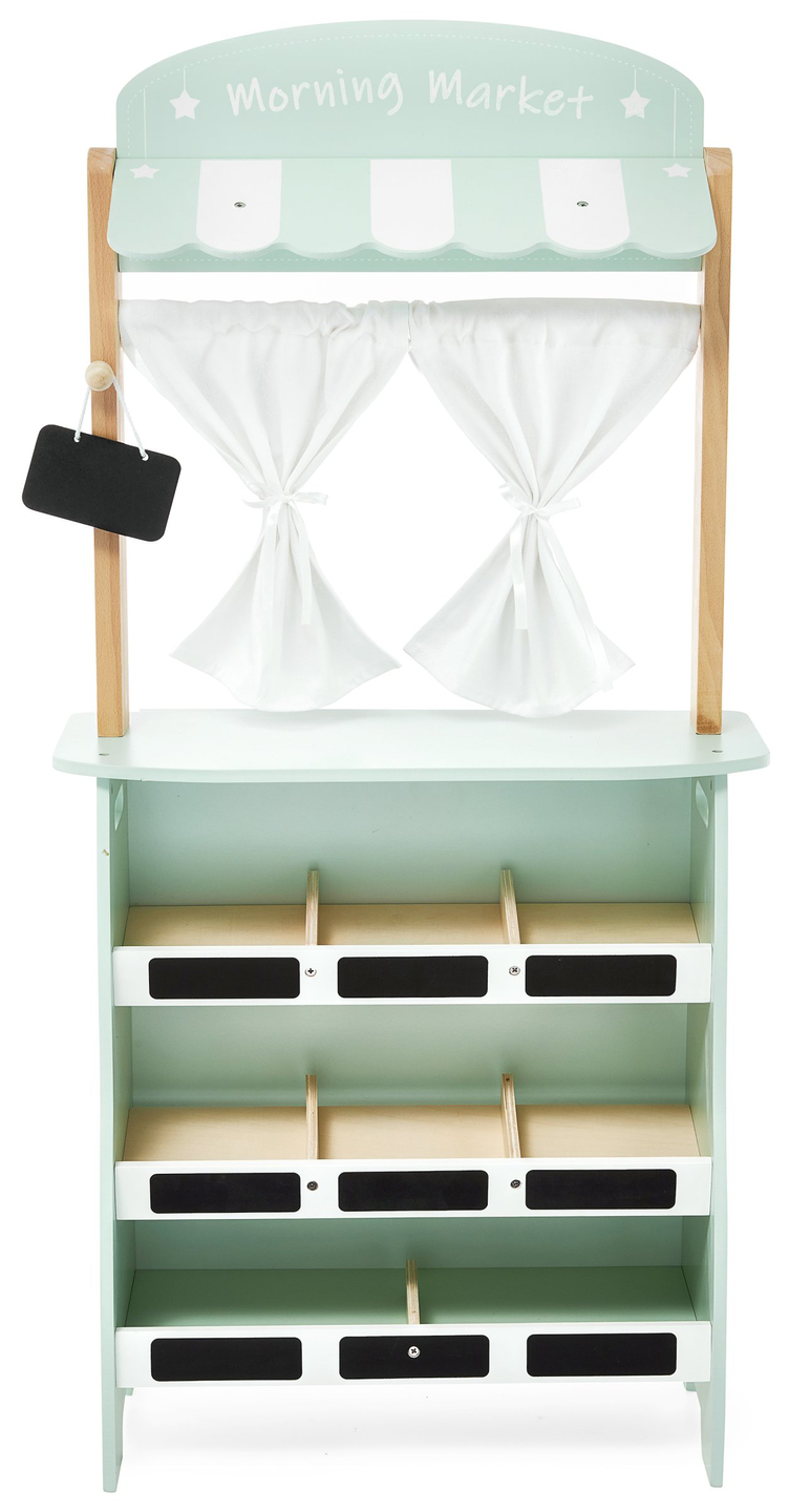 Grande loja de madeira - barraca e teatro 2 em 1 com balança, terminal de pagamento, legumes e frutas