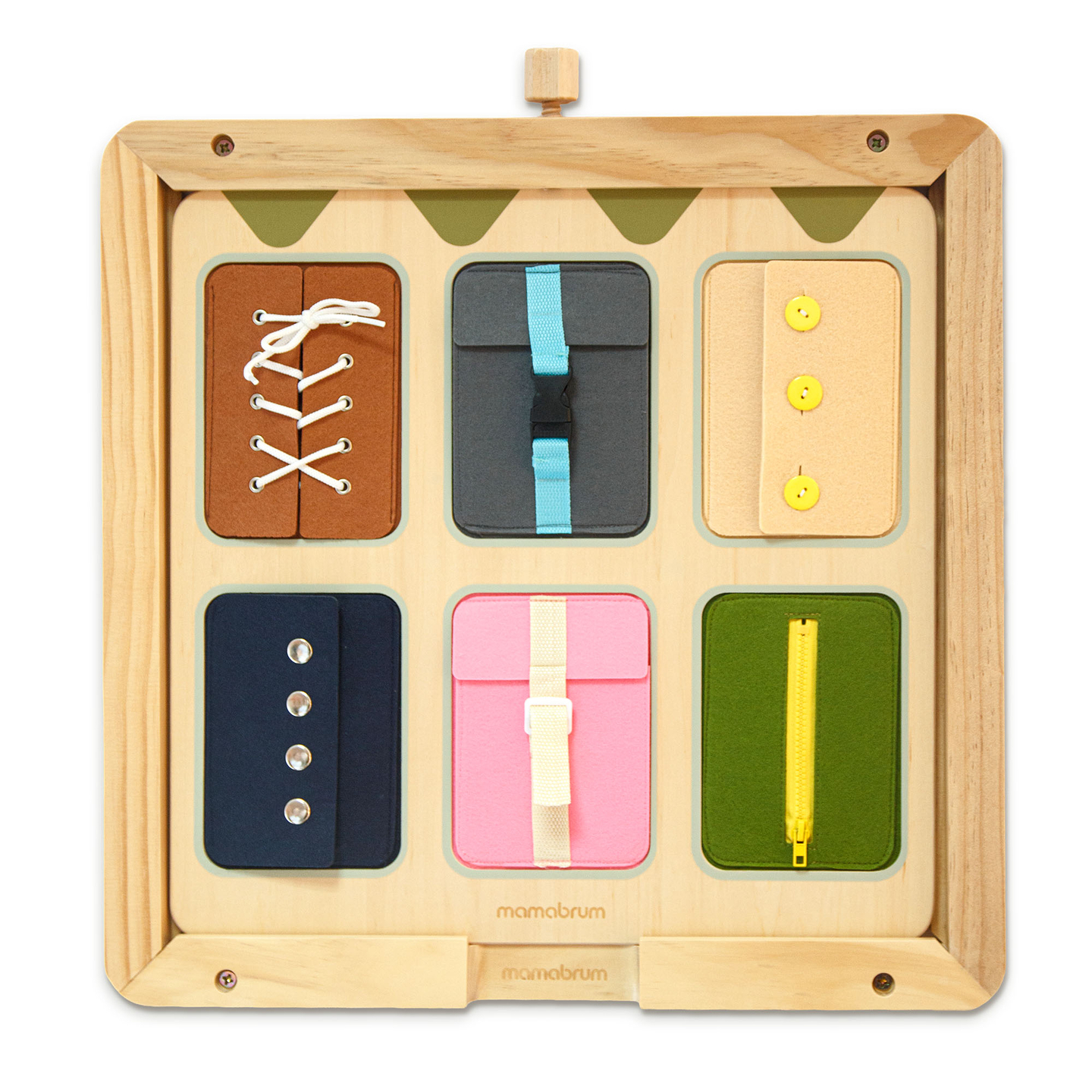 Quadro de atividades Montessori de madeira – Aprendizagem sensorial da independência – cadarços, fivelas, botões, fechos de pressão, zíper