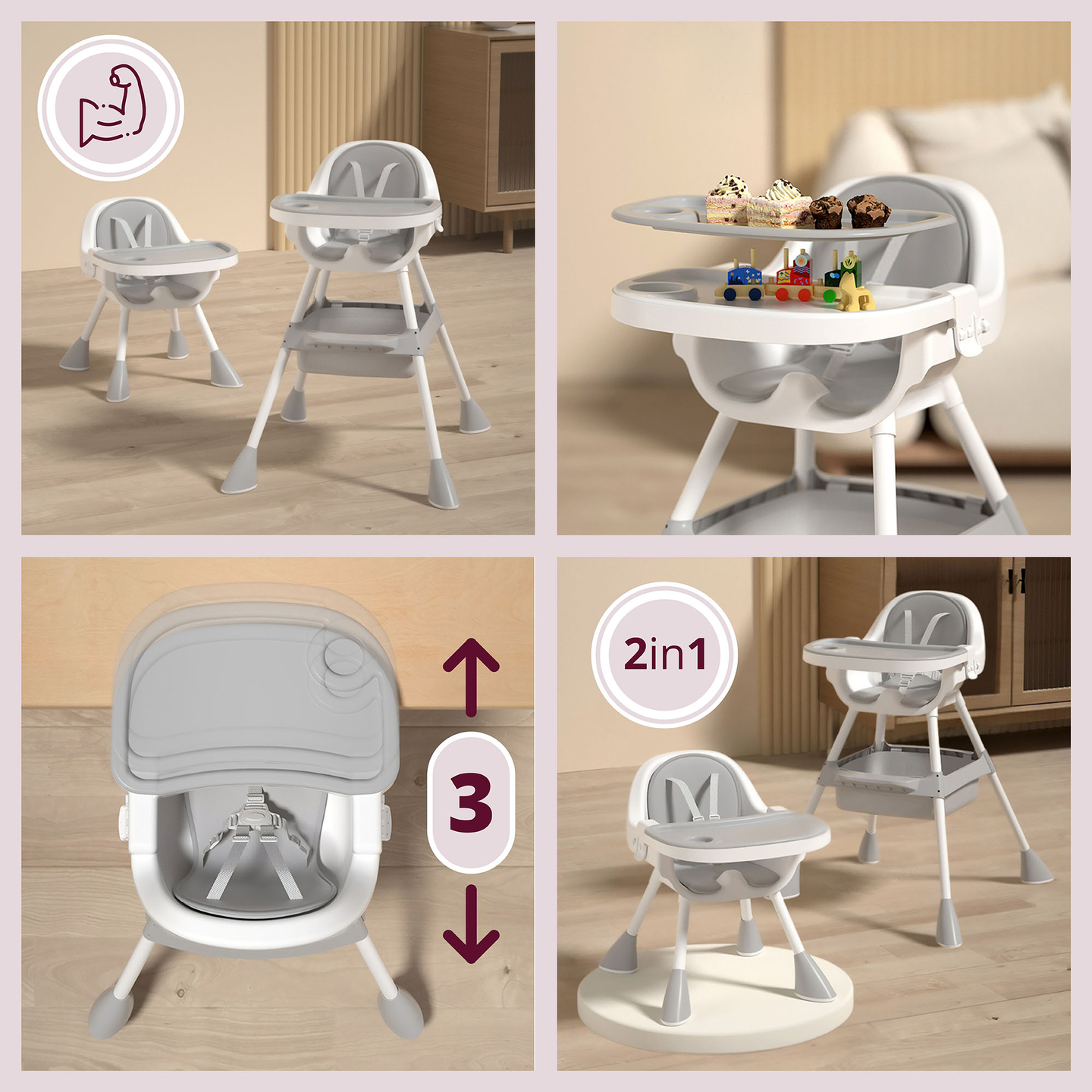 Moby-System Magnolia Cadeira alta ajustável 2 em 1 - cinzento