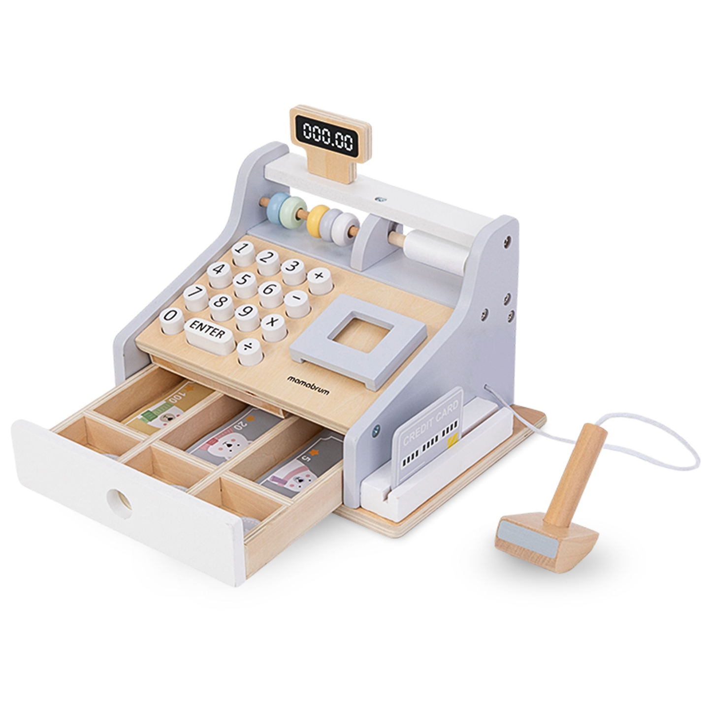 Caixa registradora de madeira com acessórios