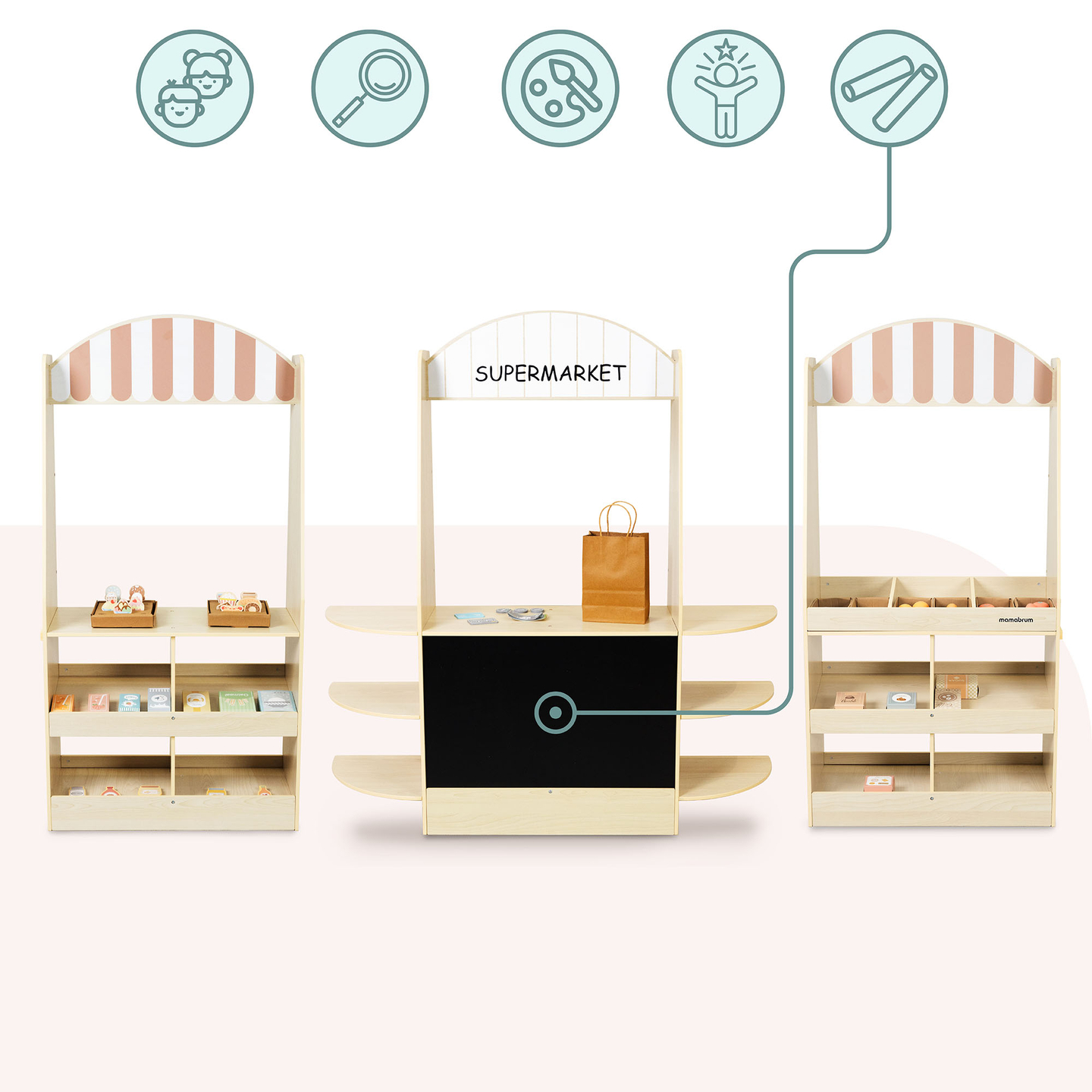 Grande loja infantil de madeira com quadro negro - 91 peças para diversão nas compras!