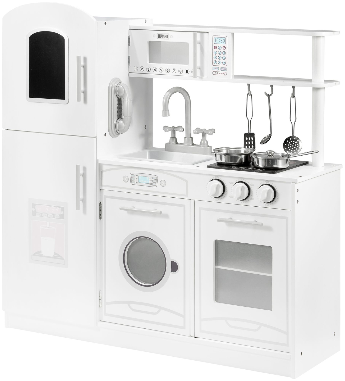 Grandes acessórios de cozinha brancos de madeira e avental