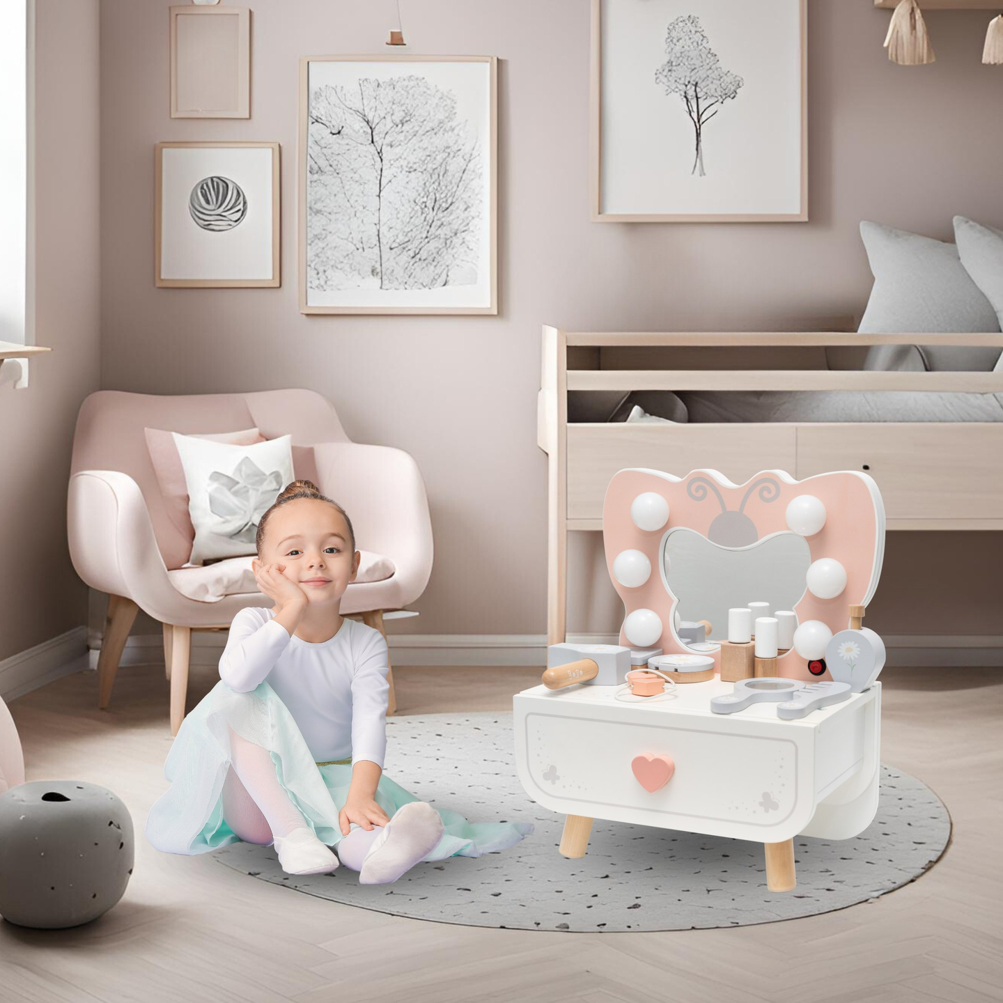 Mini toucador em madeira com iluminação LED - Butterfly