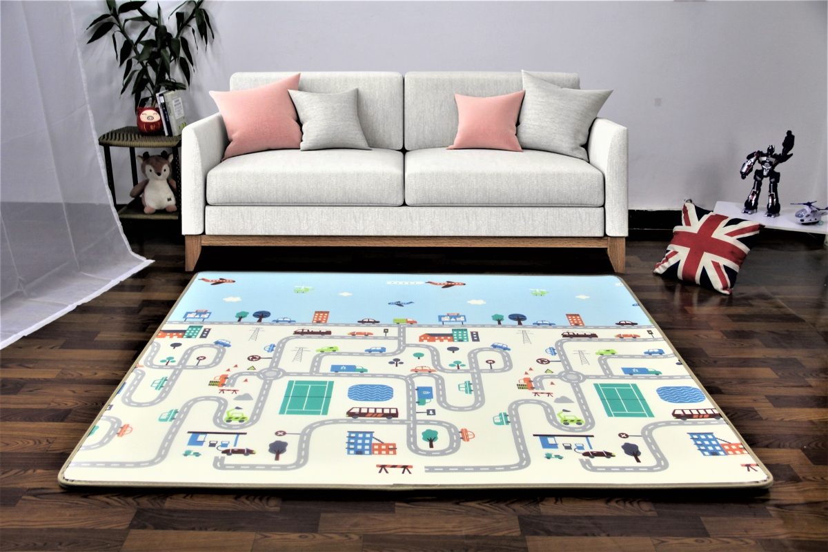 Tapete de espuma XXL dupla face - rolo de 2 CM (estrada e floresta com ursinho de pelúcia)