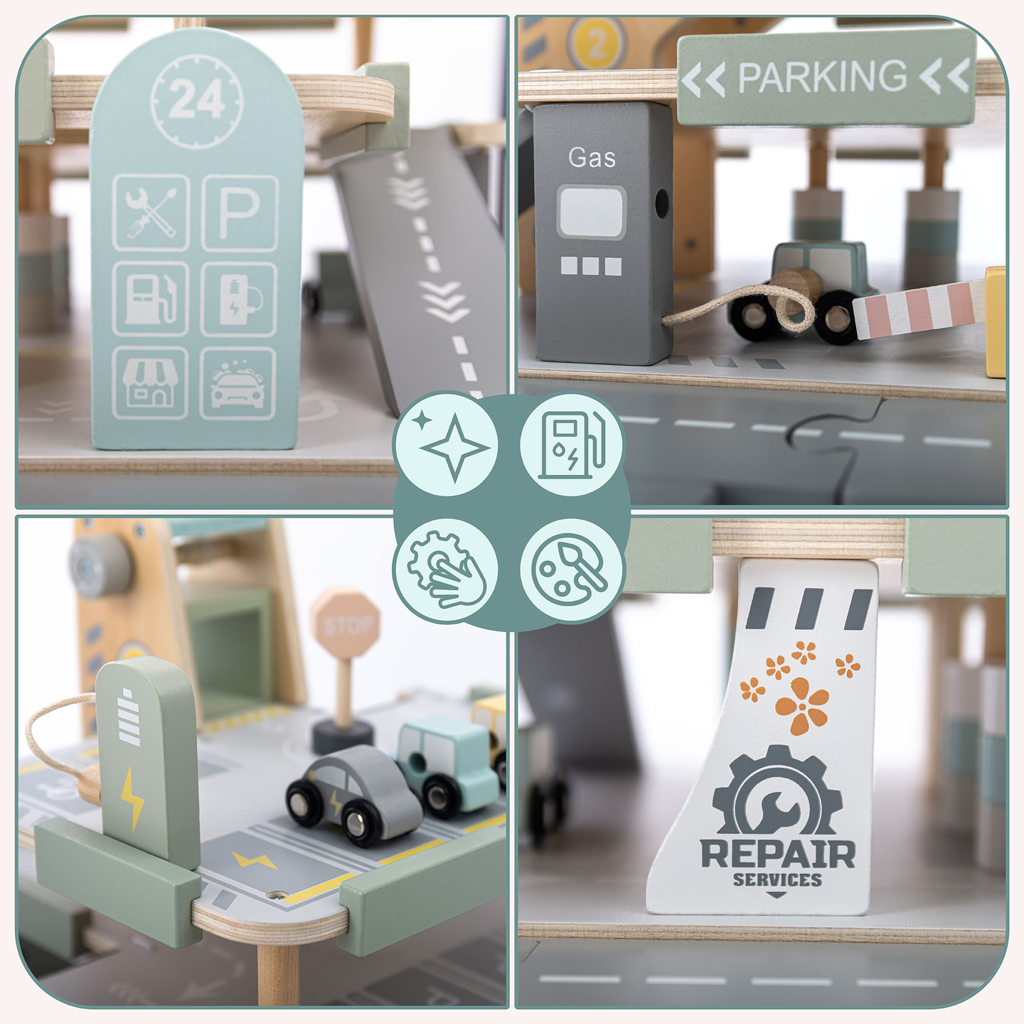 Garagem de madeira de três andares para crianças com acessórios – estacionamento, posto de gasolina, lava-rápido, helicóptero