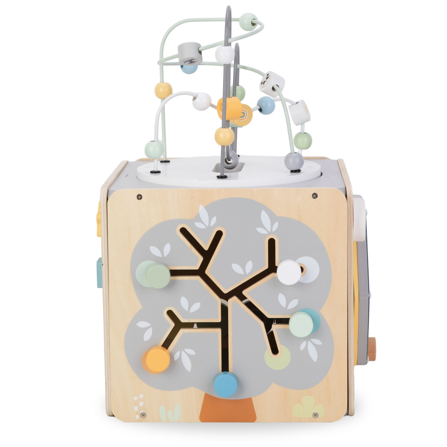 Grande cubo de atividades de madeira com laço - Montessori