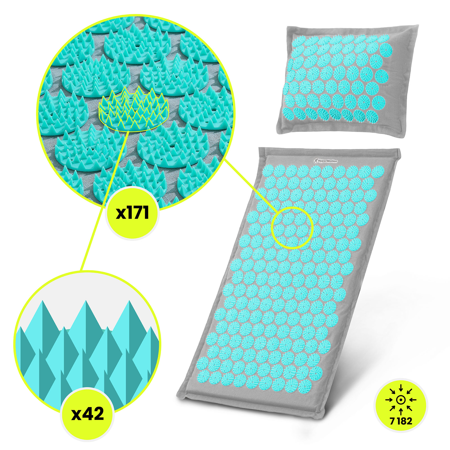 Tapete de acupressão em linho ecológico com fibra de coco e almofada de trigo sarraceno – 68 cm HyperMotion Cinza-Menta