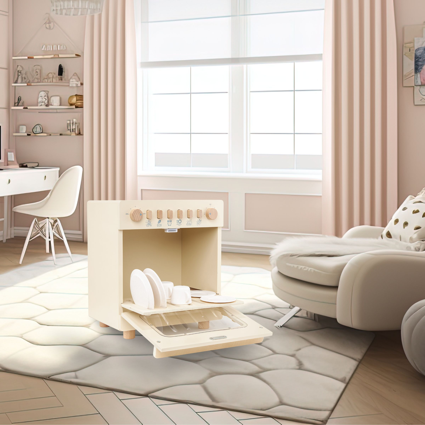 Máquina de lavar louça de madeira com acessórios