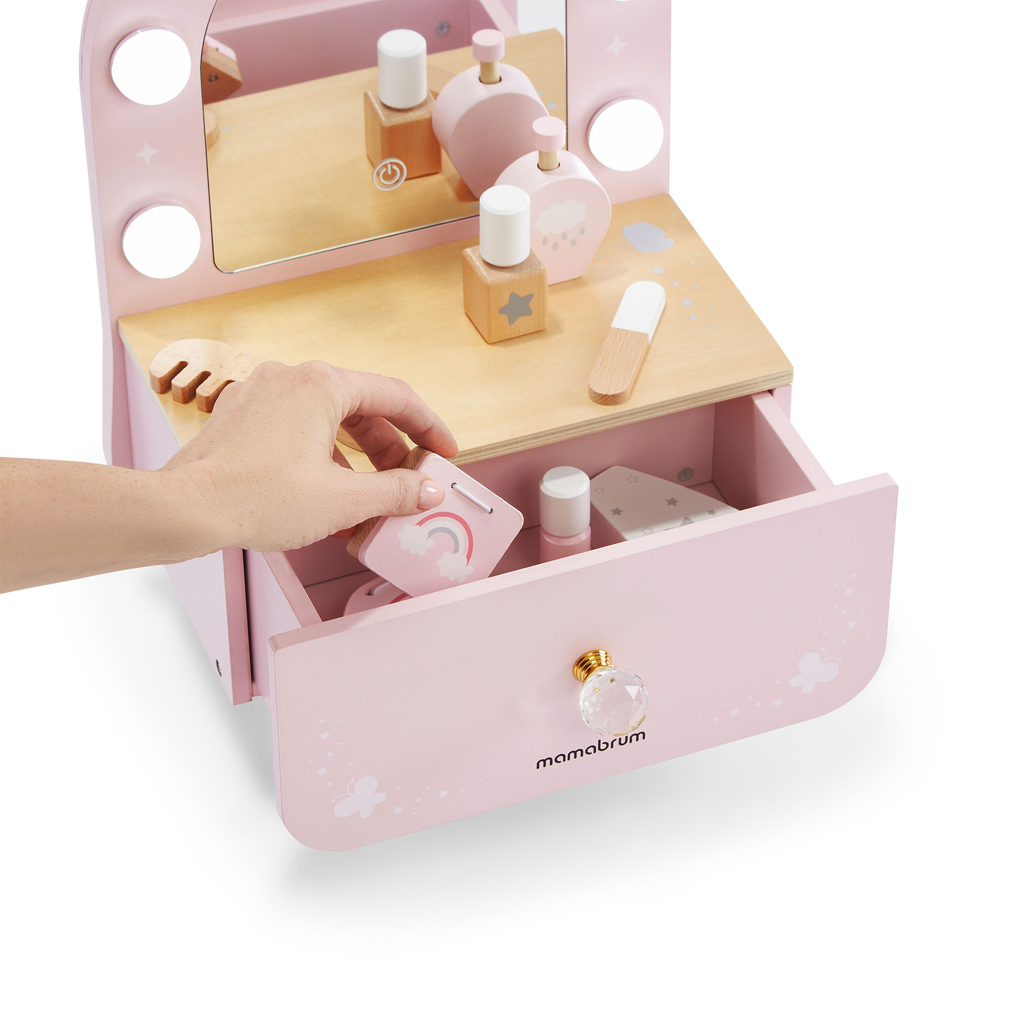 Mini penteadeira infantil de madeira com acessórios e iluminação LED com ajuste suave de brilho.