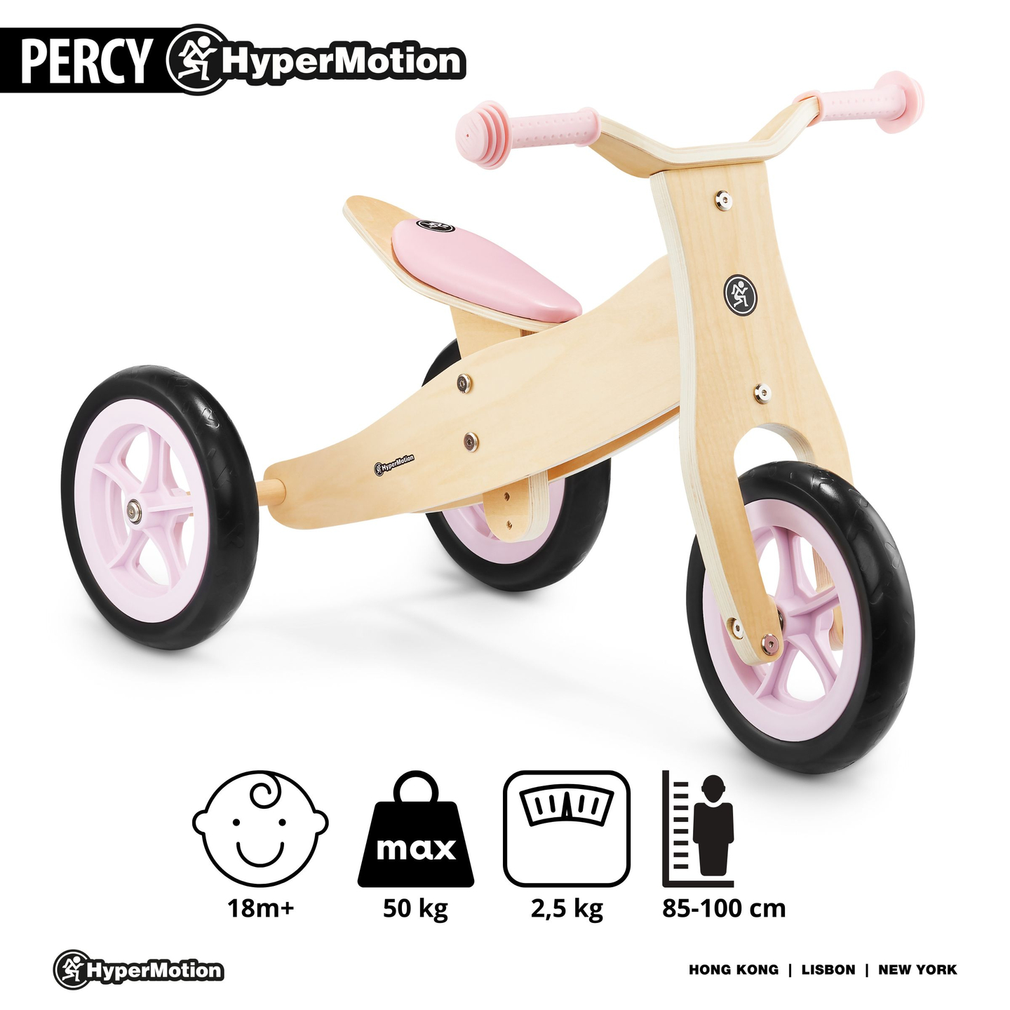 Triciclo de madeira e bicicleta de equilíbrio 2 em 1 - HyperMotion PERCY - rosa