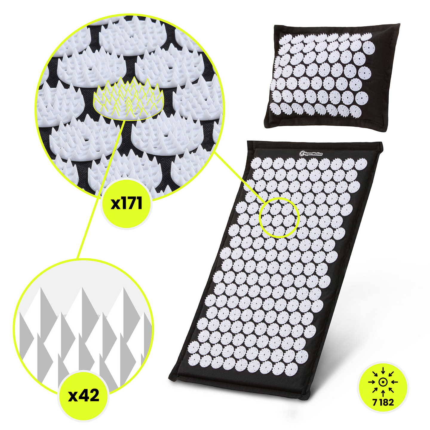 Tapete de acupressão em linho ecológico com fibra de coco e almofada de trigo sarraceno – 68 cm HyperMotion Preto e Branco