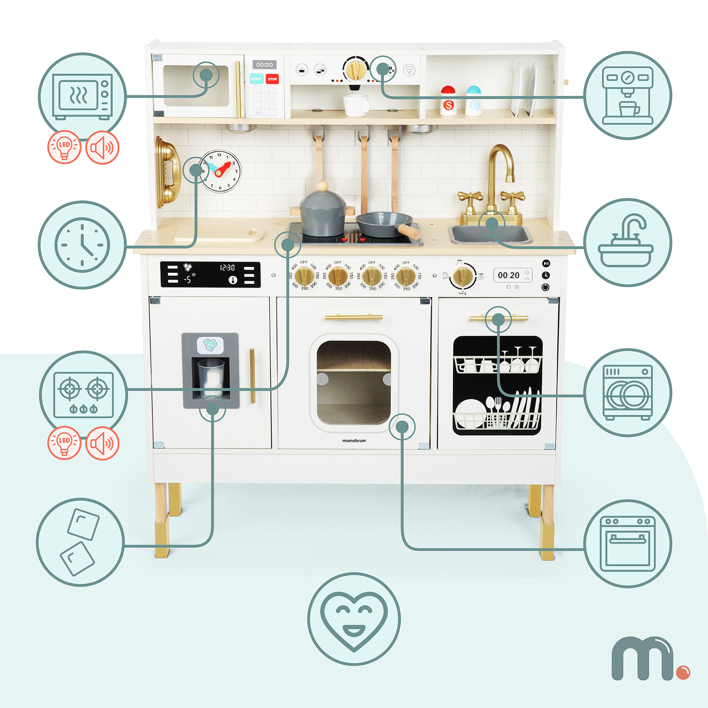 Cozinha interativa XXL de madeira com acessórios e iluminação LED - dois níveis