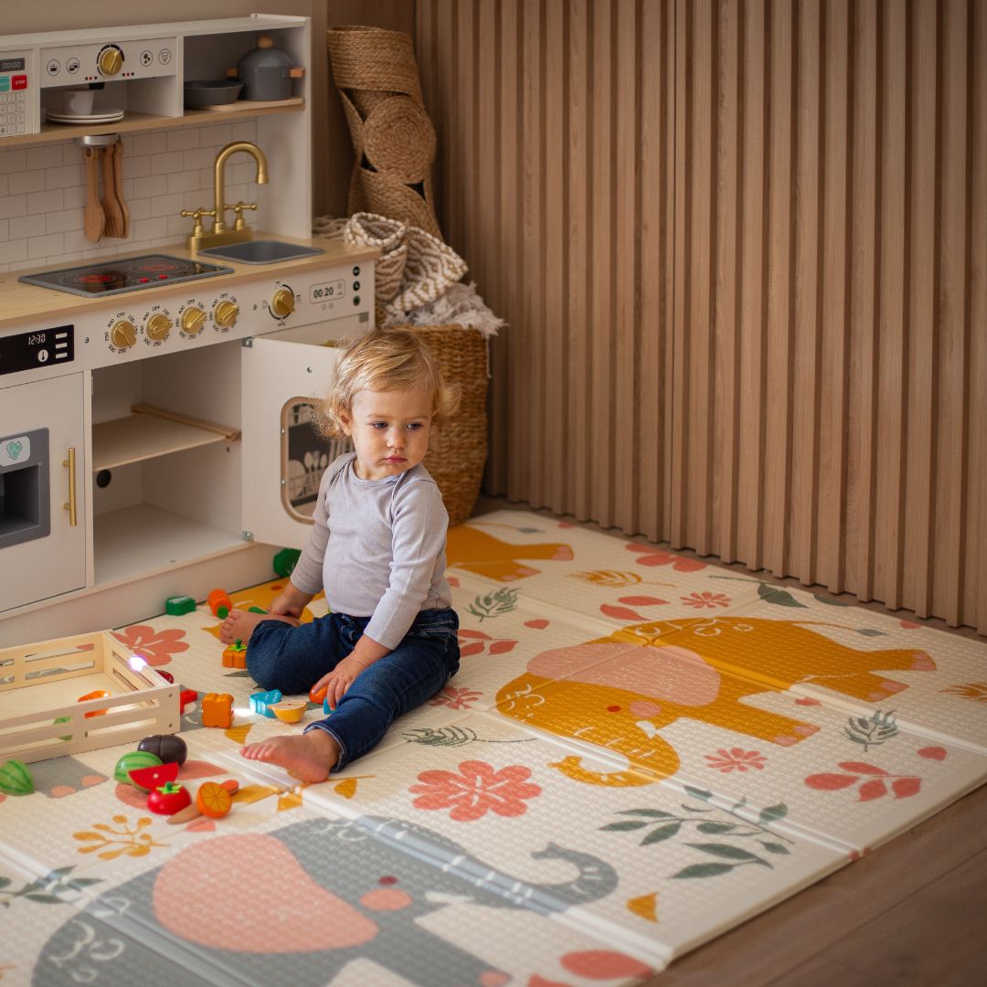 Tapete de espuma dobrável de dupla face 180 x 120 x 1cm - Exotic Elephants/Delicate Grey