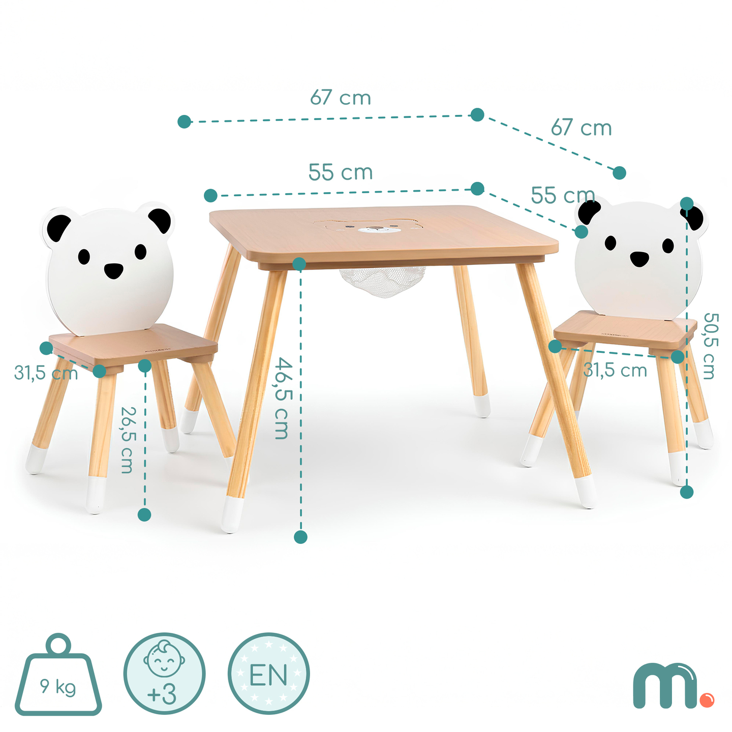 Mesa de madeira com armazenamento e 2 cadeiras Conjunto infantil - Ursinho de pelúcia fofo