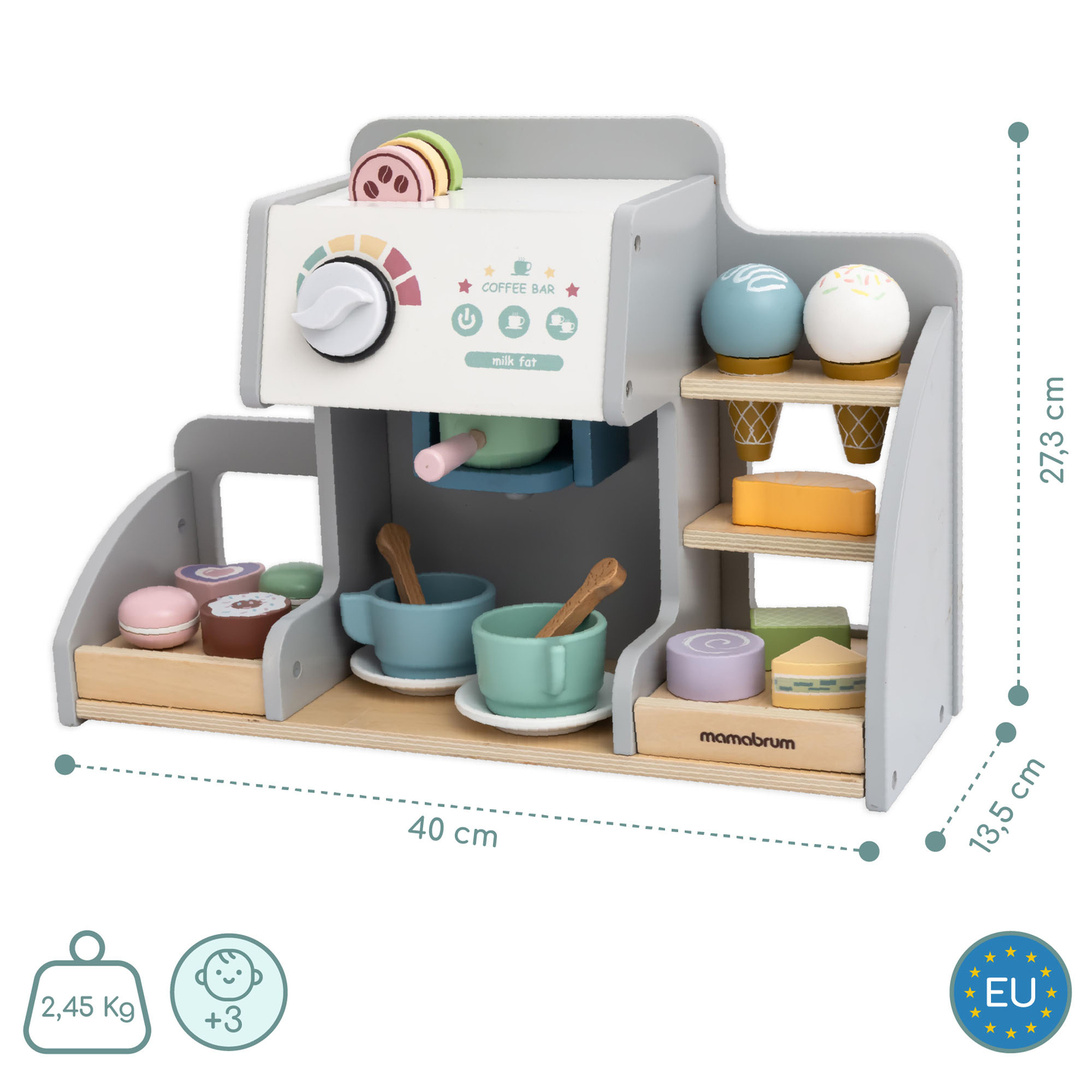 Uma grande gelataria de madeira com quadro magnético, máquina de café e conjunto de gelados e sobremesas - mais de 70 peças!