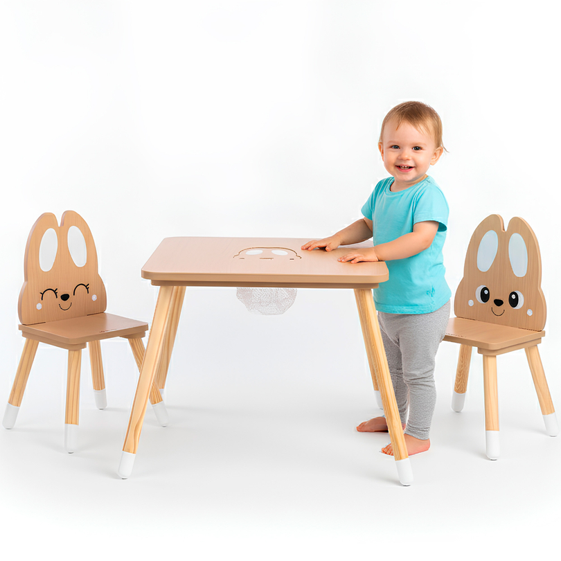 Mesa de madeira com arrumação e 2 cadeiras Conjunto infantil - Cute Rabbit