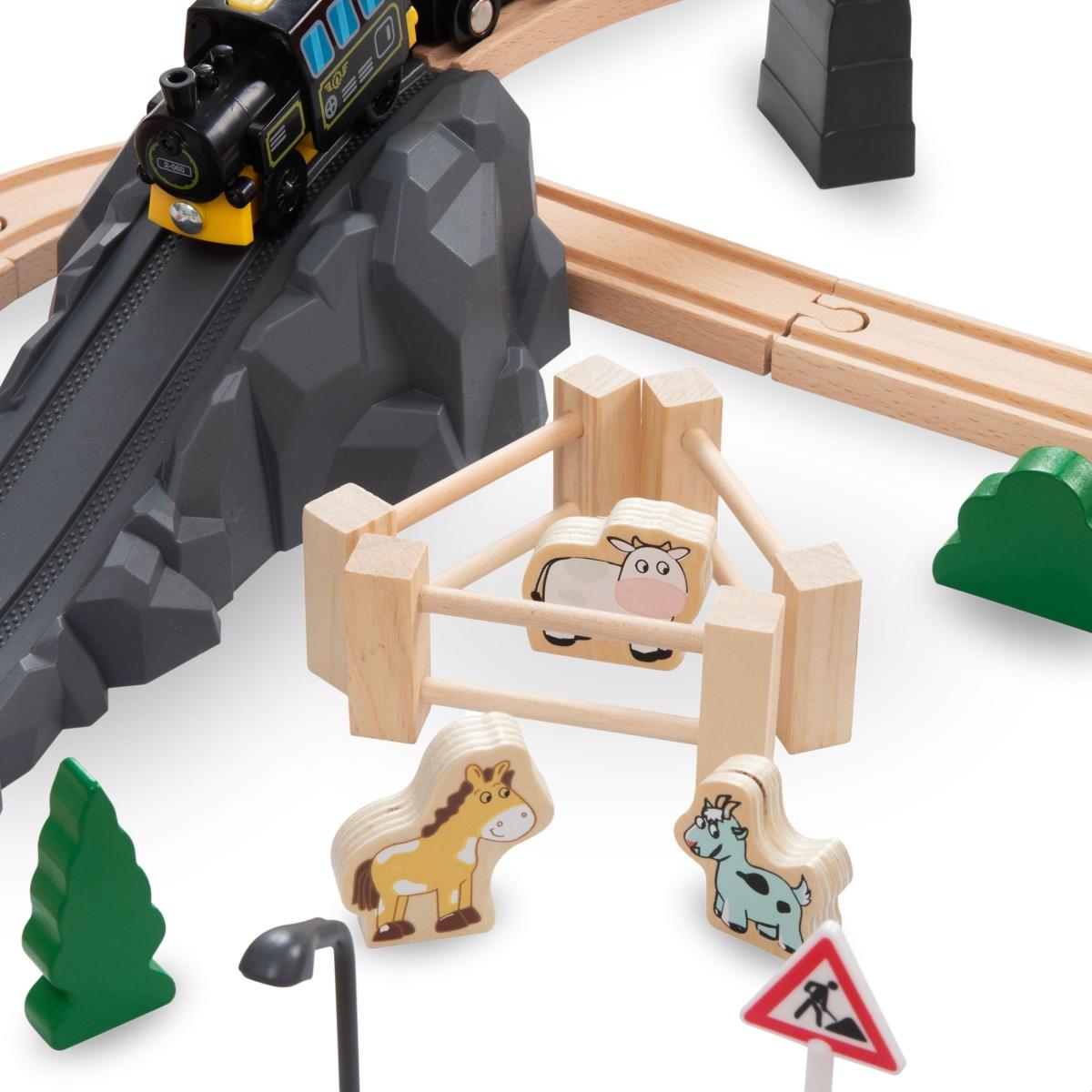 Ferrovia de madeira, trem movido a bateria - Cidade: trilhos, carros, ponte, aeroporto