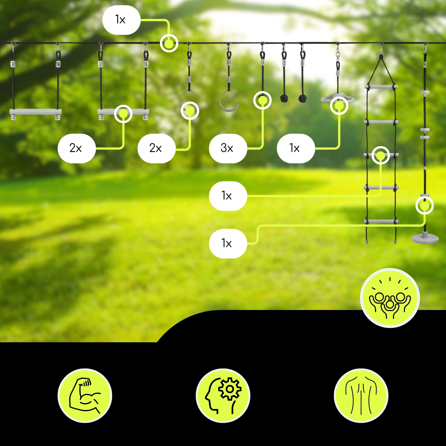 Pista de obstáculos ninja para crianças - Conjunto de slackline HyperMotion - 10 obstáculos