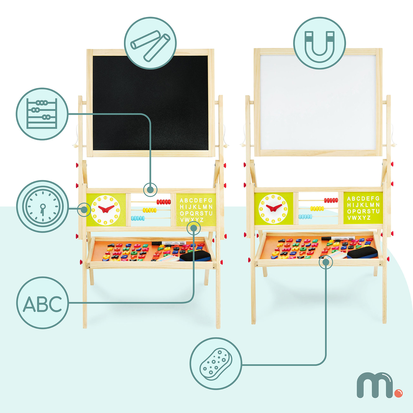 Grande quadro educativo de duas faces: magnético e quadro de giz - quadro de apagar a seco, de madeira