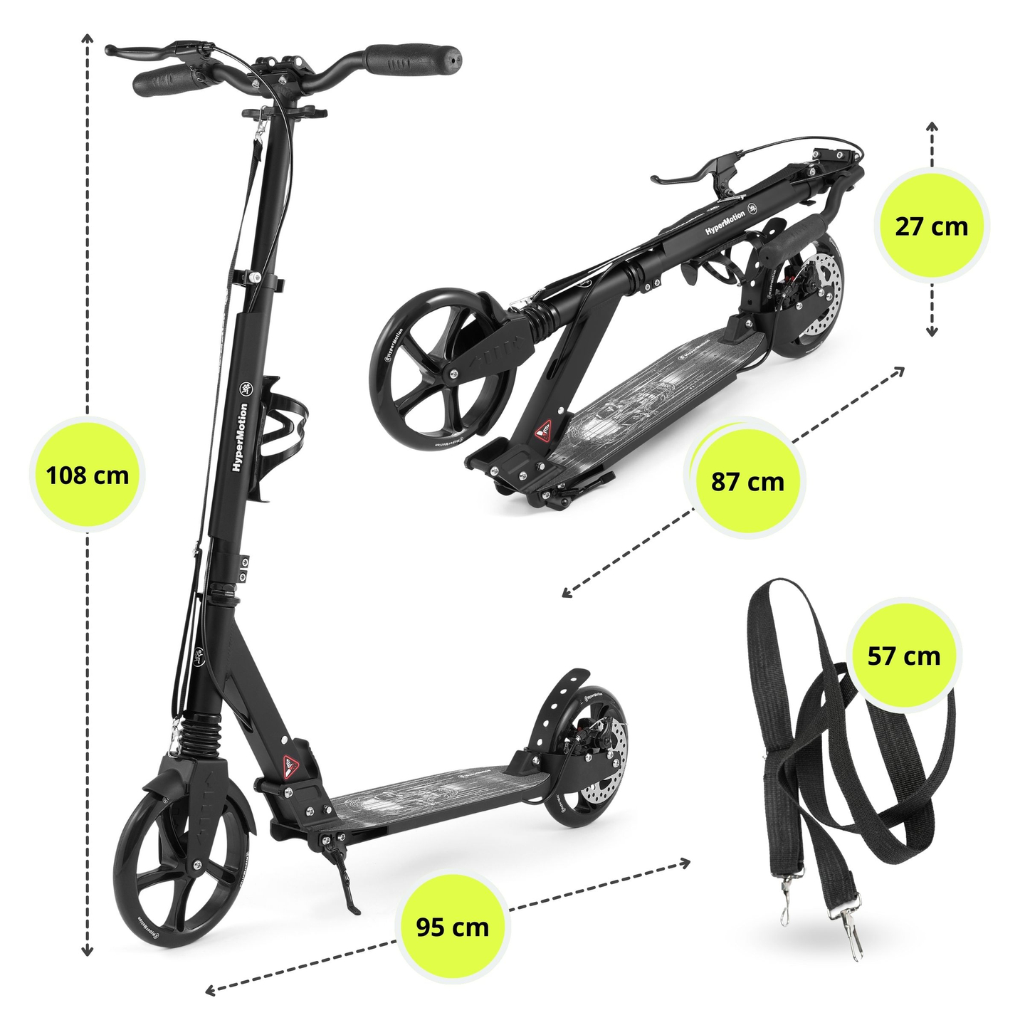 Trotinete de duas rodas para jovens adultos - com amortecedor - HyperMotion Skyline - preto, alumínio - 100kg