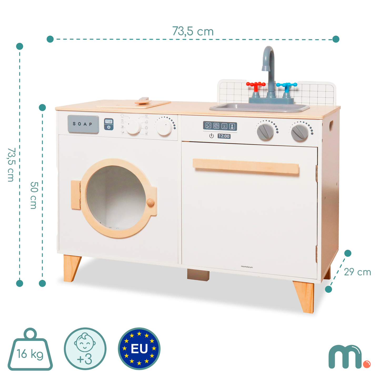 Lavandaria e cozinha em madeira - conjunto de casa 2 em 1 para crianças