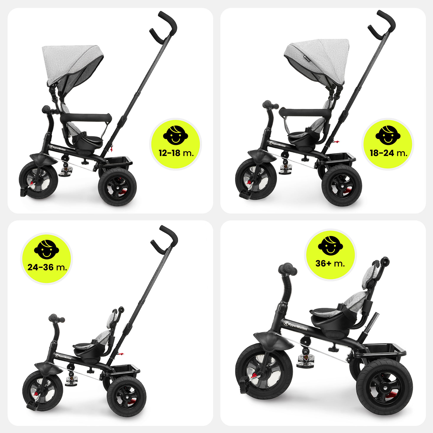 Triciclo para crianças de 1 a 4 anos - TOBI FREY - cor cinza - giratório - rodas infláveis + empurrador