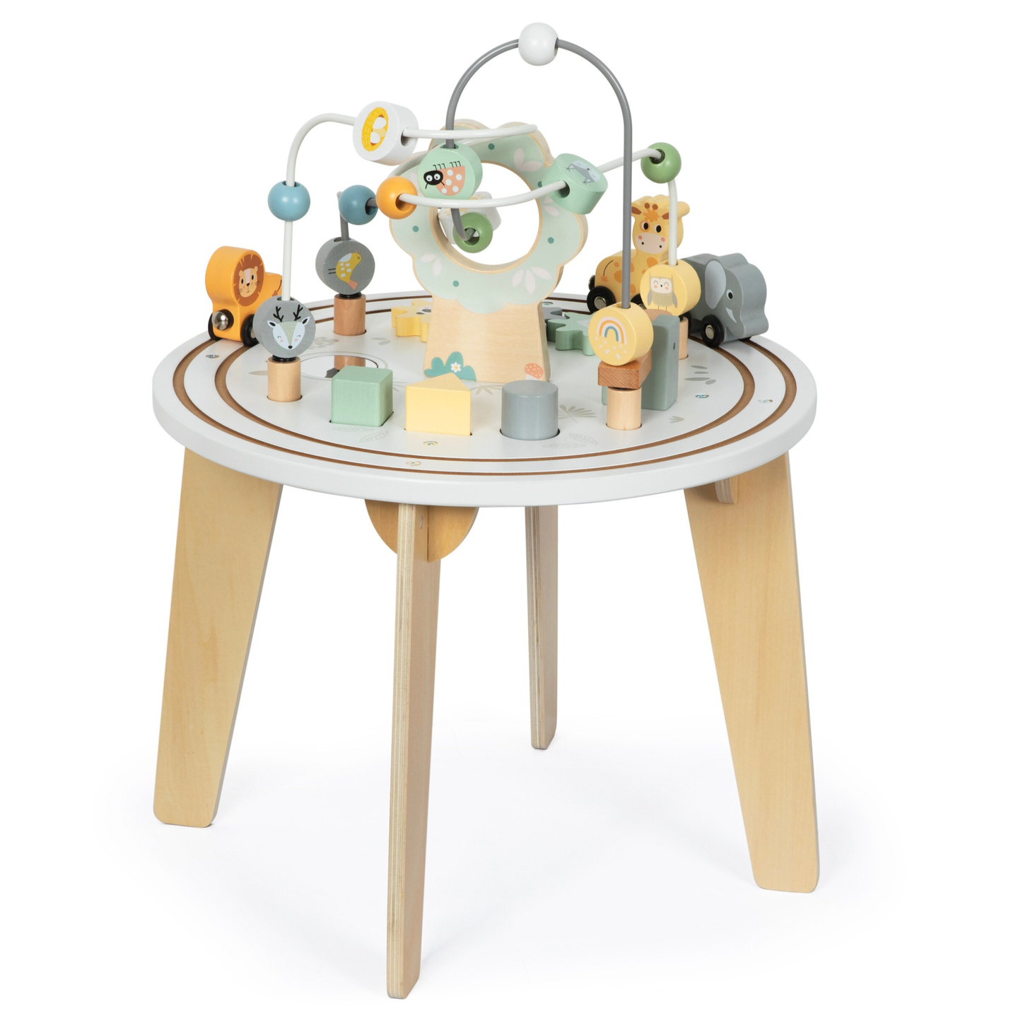 Mesa educacional redonda de madeira com trem magnético e lançador de contas