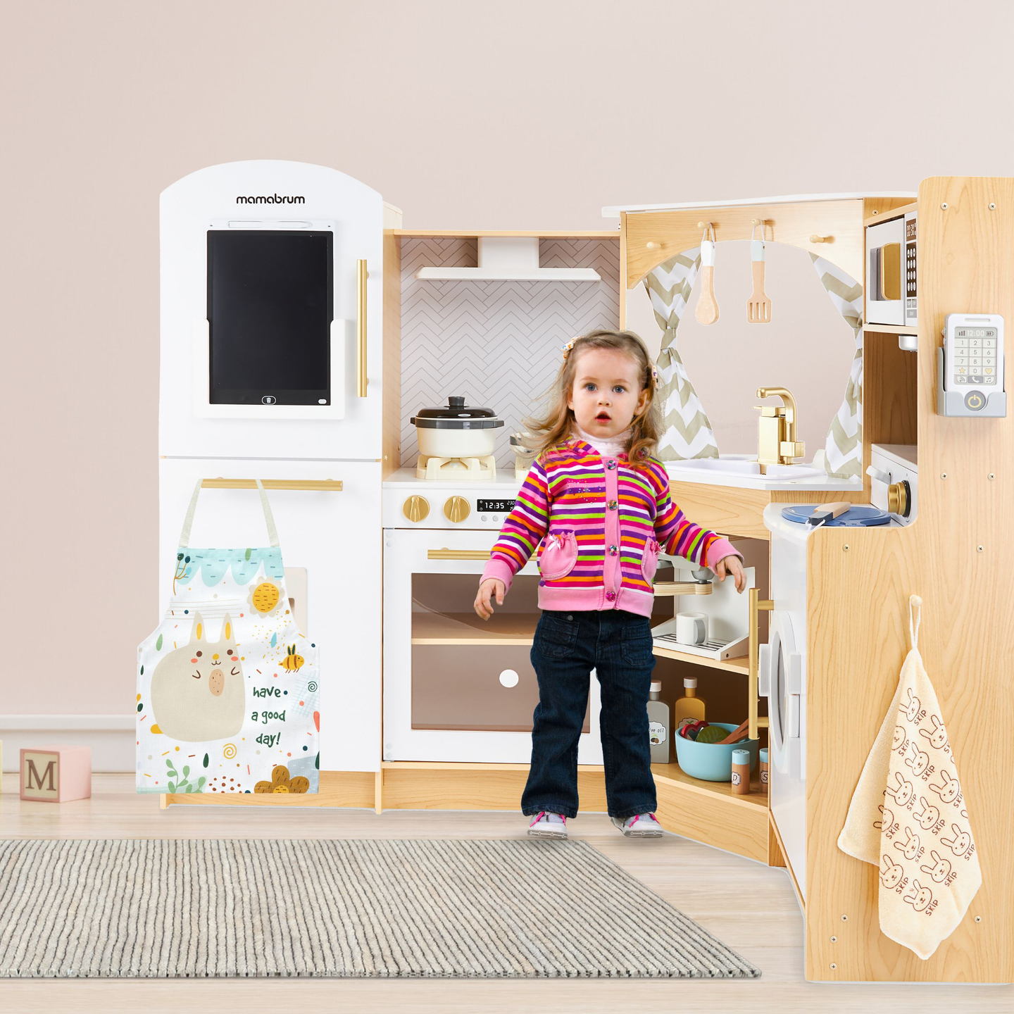 XXXXL grande cozinha interactiva de madeira com iluminação LED, máquina de lavar roupa, micro-ondas, máquina de café e conjunto de frutas e legumes - 50 elementos