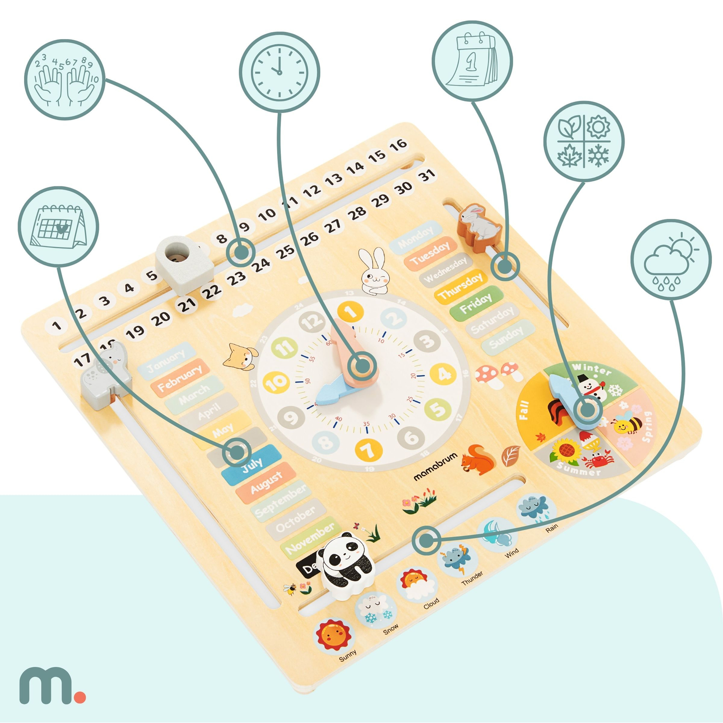 Calendário infantil em madeira 6 em 1