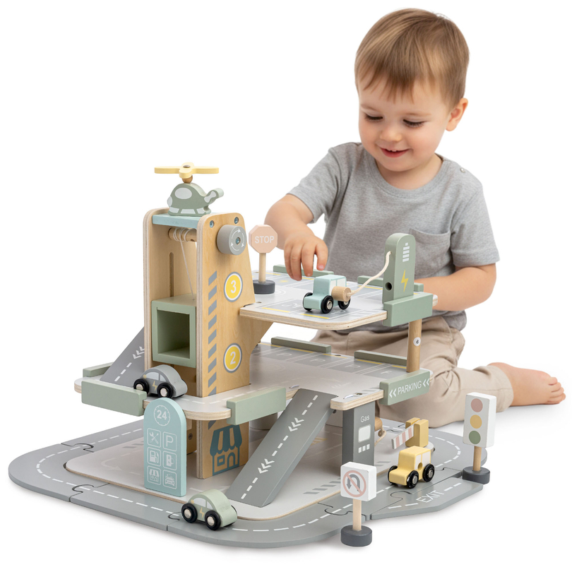 Garagem de madeira de três andares para crianças com acessórios – estacionamento, posto de gasolina, lava-rápido, helicóptero
