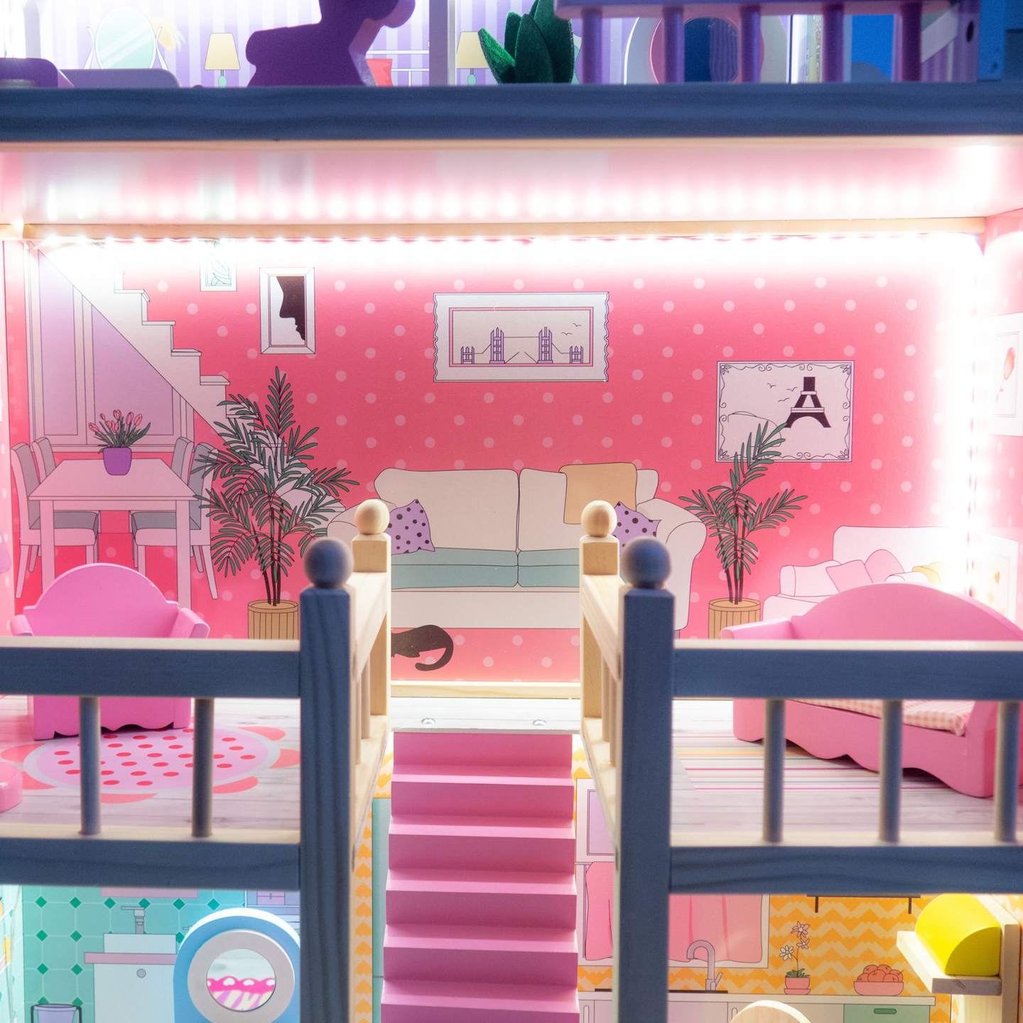 Grande casa de bonecas de madeira de 3 andares com terraço, conjunto de móveis e iluminação LED!