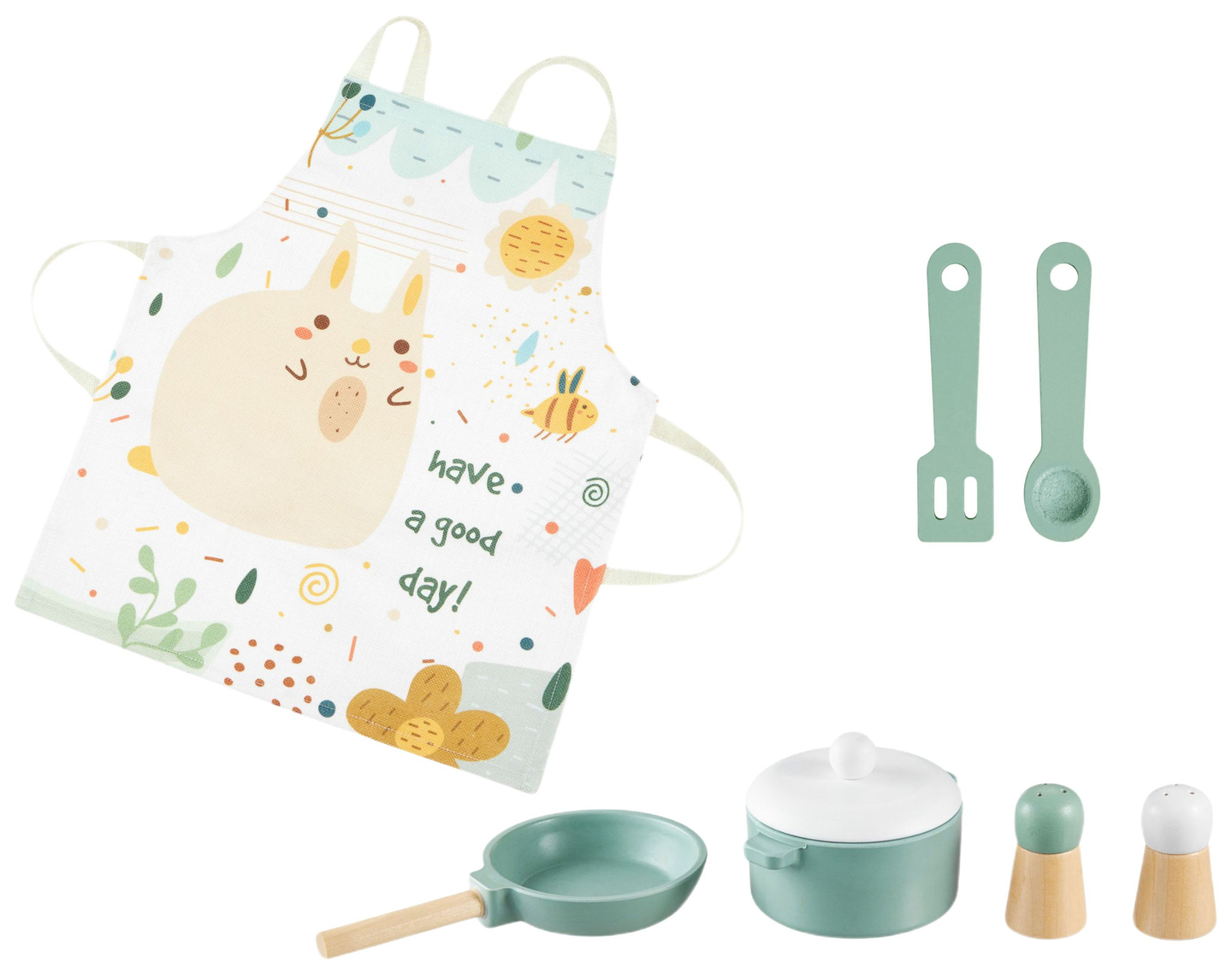 Cozinha de madeira com avental, acessórios e iluminação LED