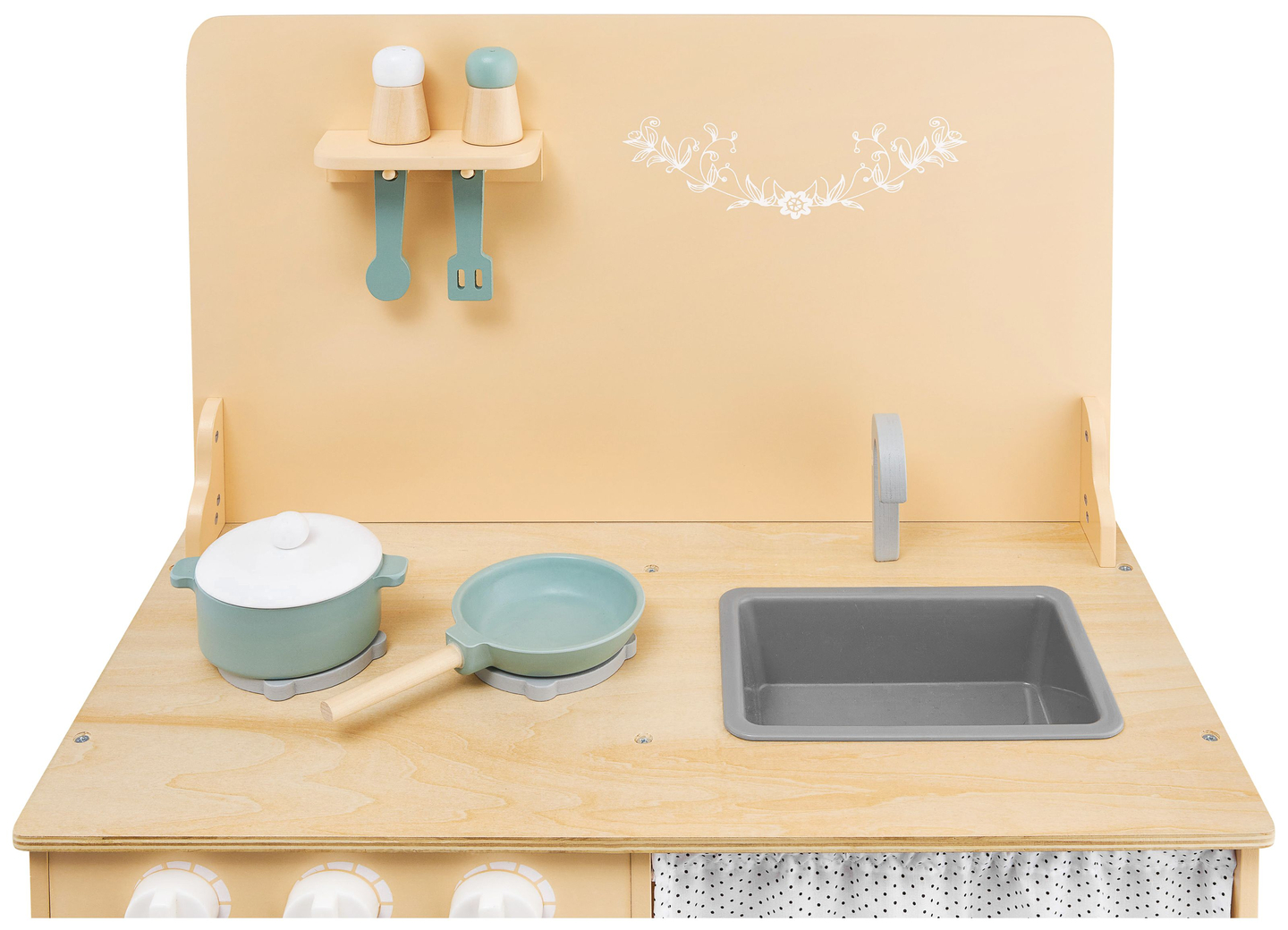 Cozinha de madeira com avental, acessórios e iluminação LED