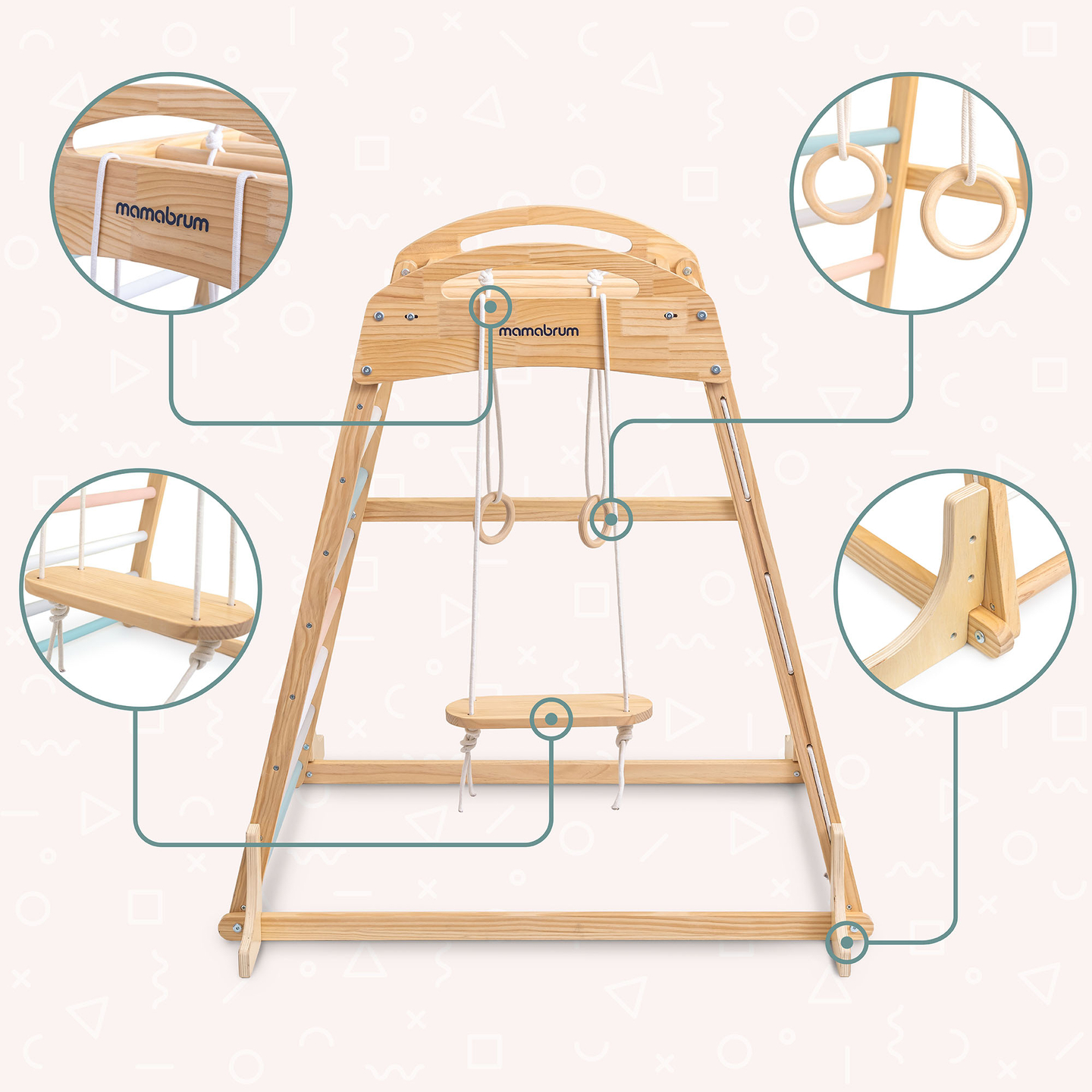 Parque infantil coberto de madeira com balanço, argolas de ginástica e rede de escalada