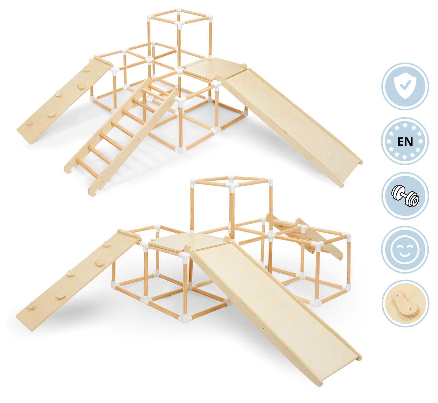 Grande playground doméstico XXL de madeira - escorregador, escada, parede de escalada, cubos de escalada
