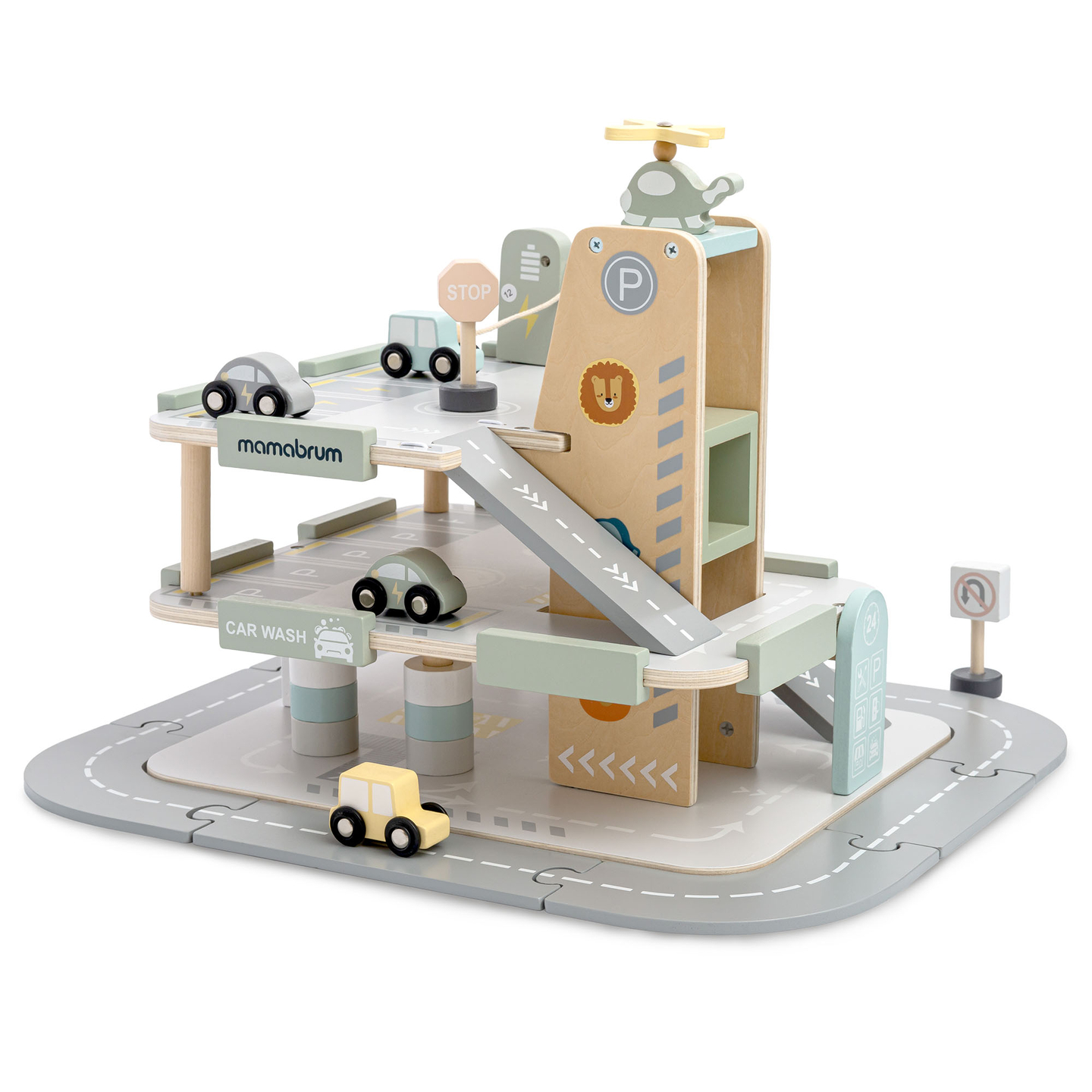 Garagem de madeira de três andares para crianças com acessórios – estacionamento, posto de gasolina, lava-rápido, helicóptero