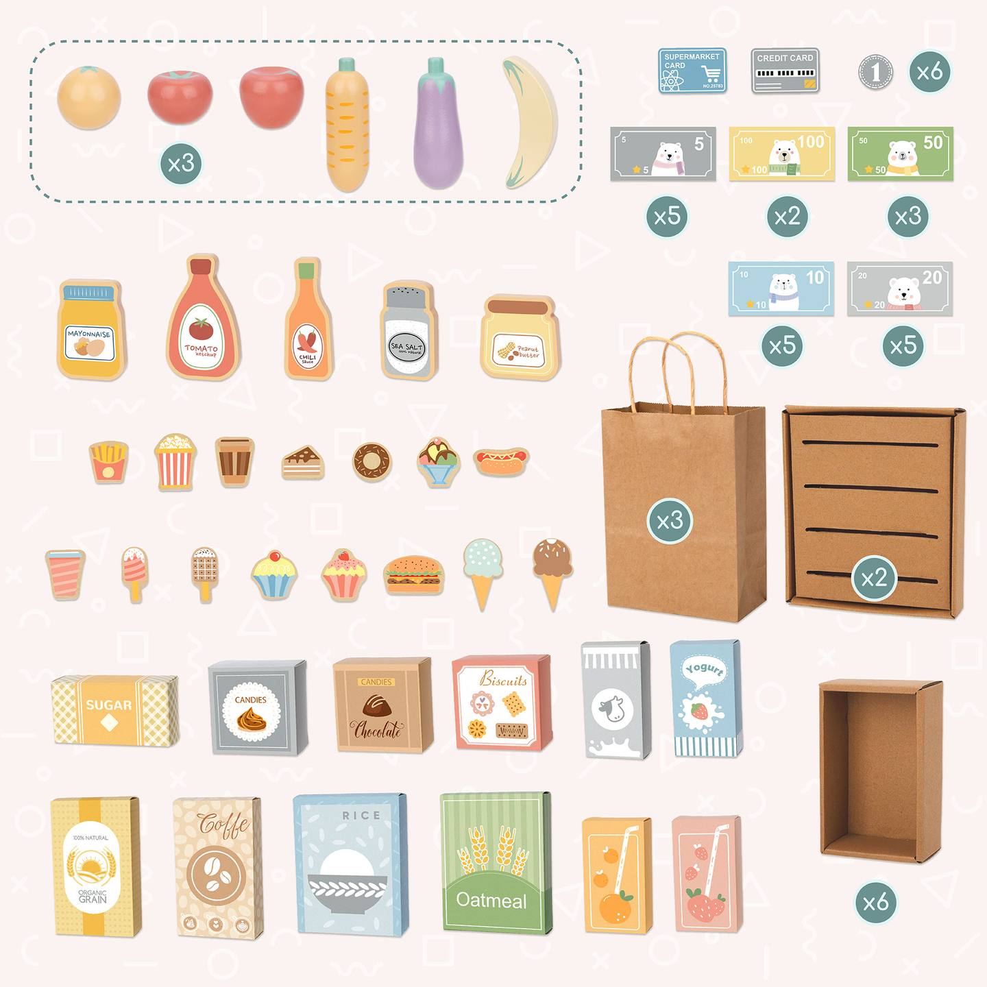 Grande loja infantil de madeira com quadro negro - 91 peças para diversão nas compras!