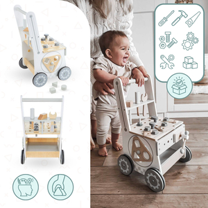 Andador de madeira 3 em 1, empurrador + oficina - 47 elementos