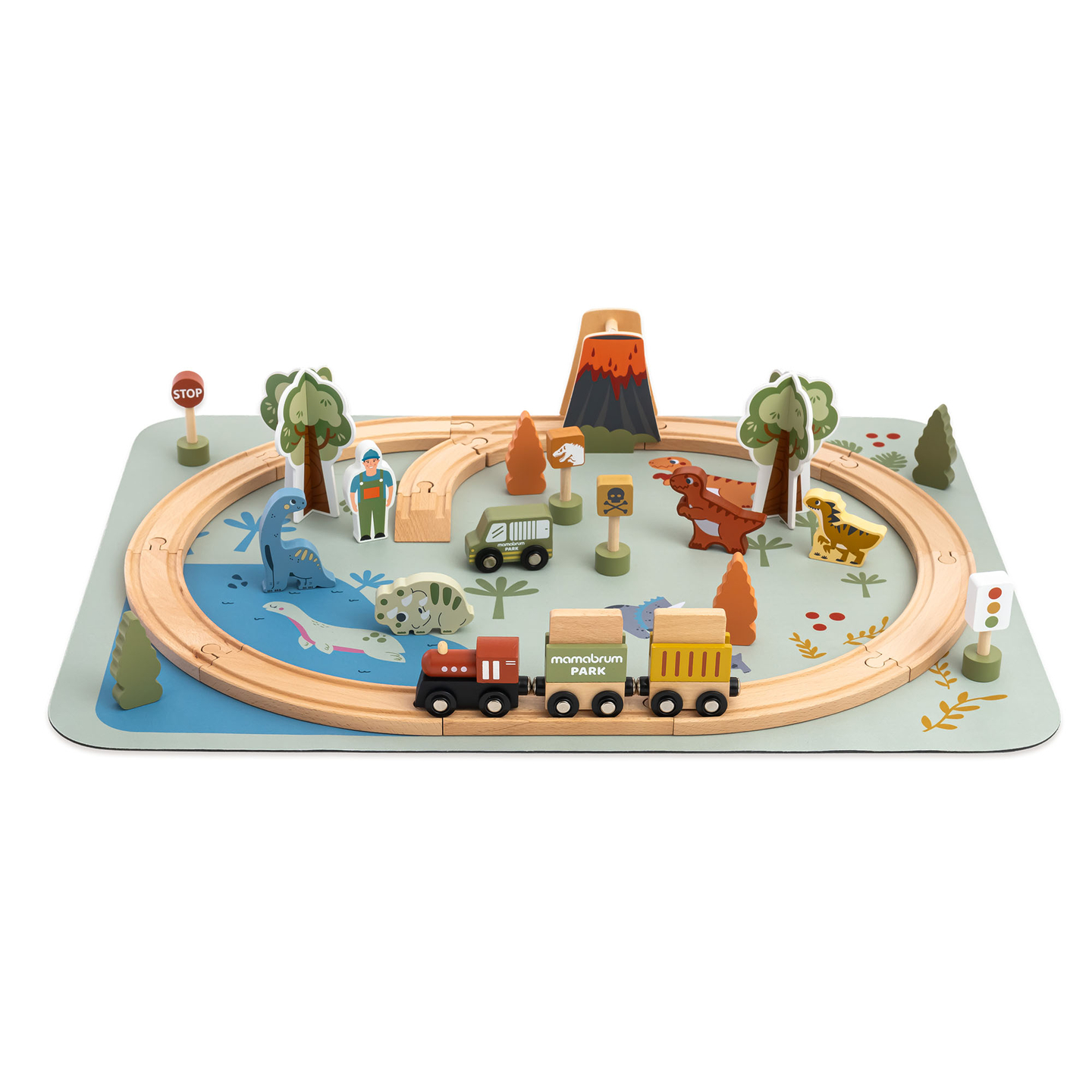 Trem de madeira Dino Park com tapete antiderrapante - dinossauros, trem, trilhos, vulcão, sino