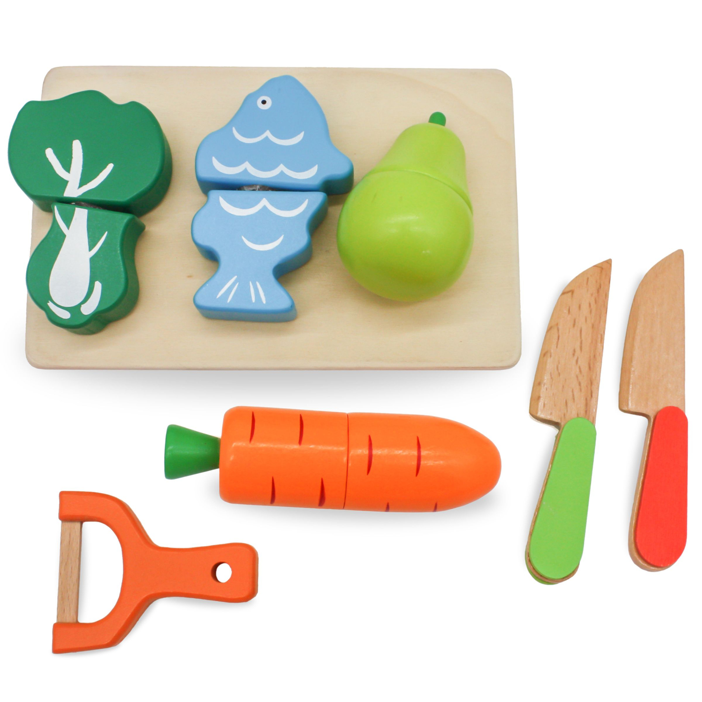 Frutas e legumes de madeira para cortar