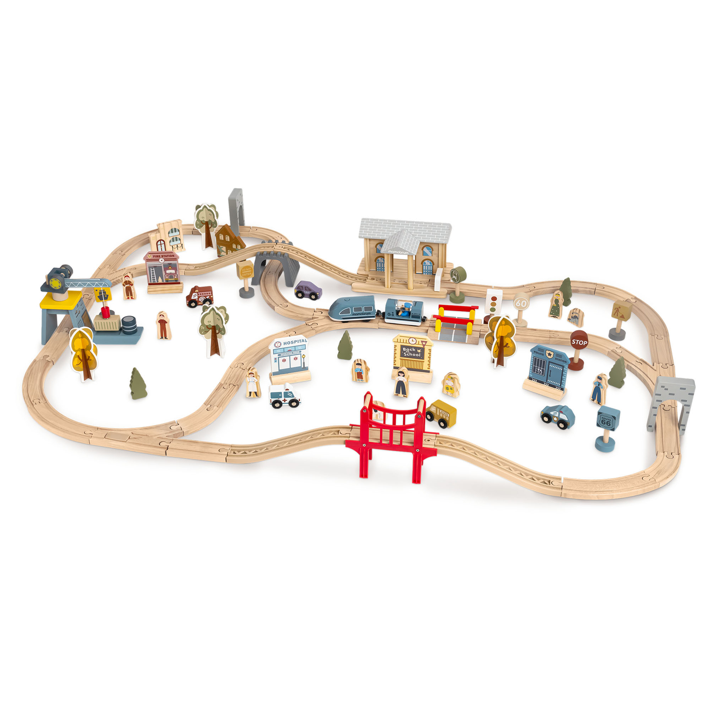 Ferrovia urbana de madeira com trem elétrico - guindaste móvel, navio, pontes