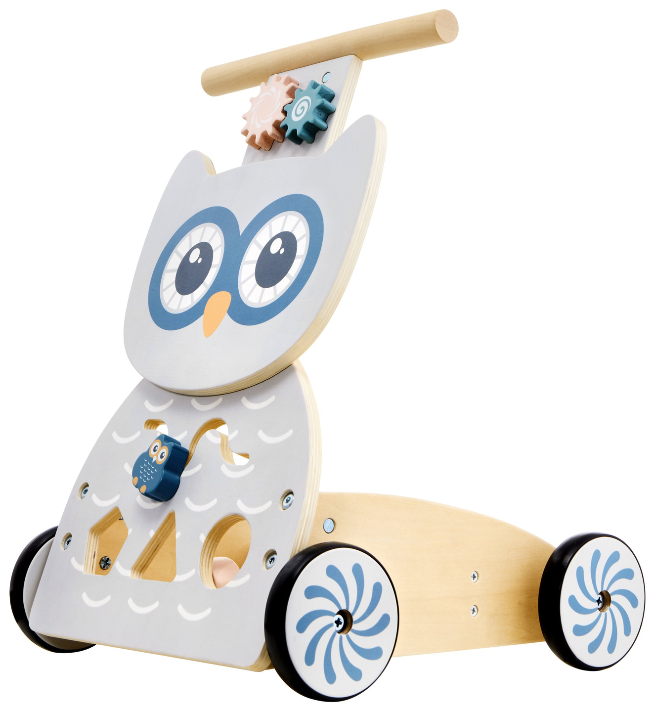 Andador multifuncional de madeira - empurrador - carrinho com blocos - Coruja