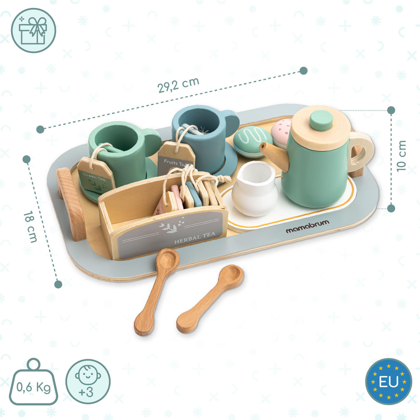 Conjunto de chá grande em madeira com tabuleiro - 18 artigos