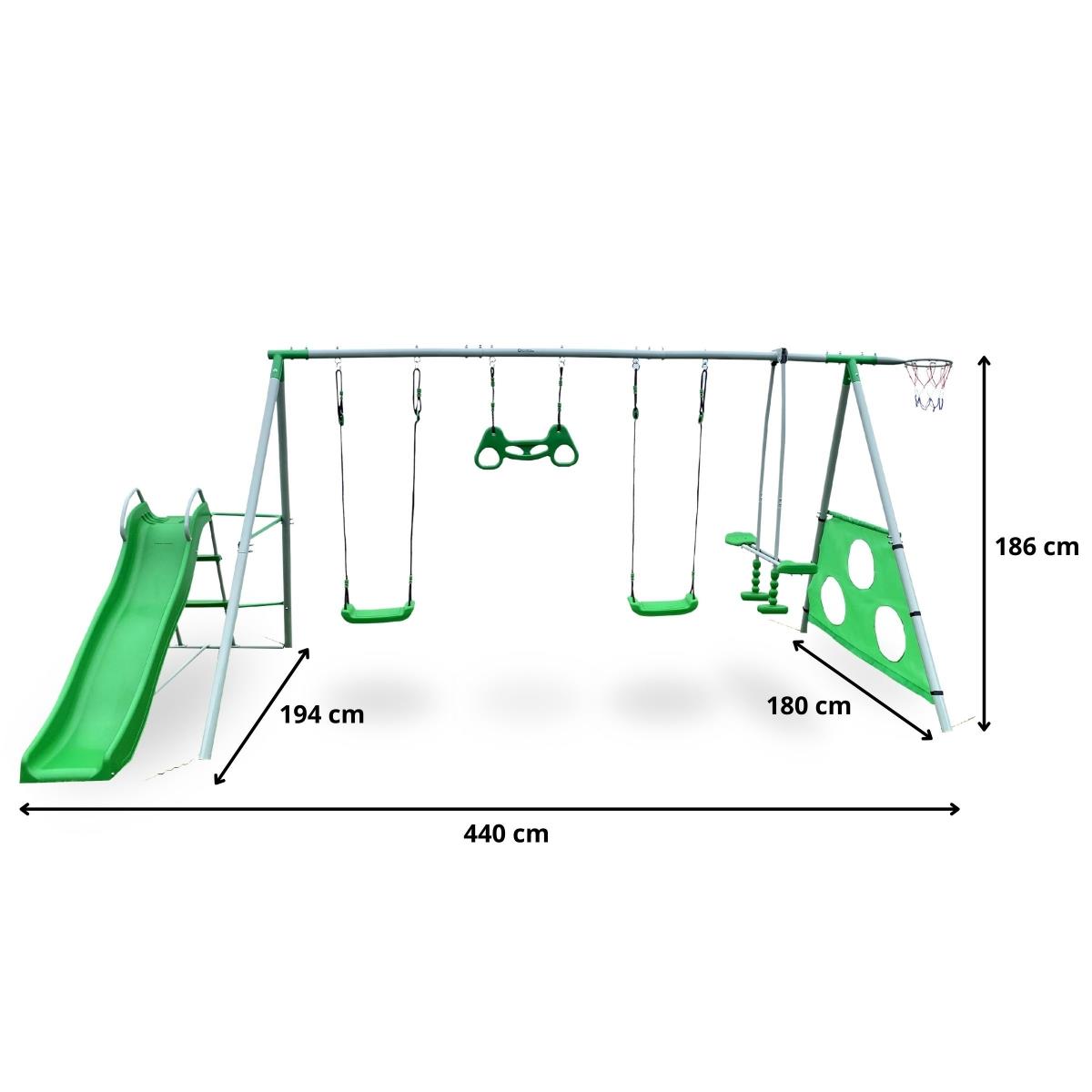Parque infantil XXXL para crianças com baloiços, escorregador, trapézio de ginástica, cesta de basquete e gol de futebol